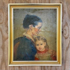 Vintage Regency Mother and Daughter Original Oil Portrait Painting, Framed