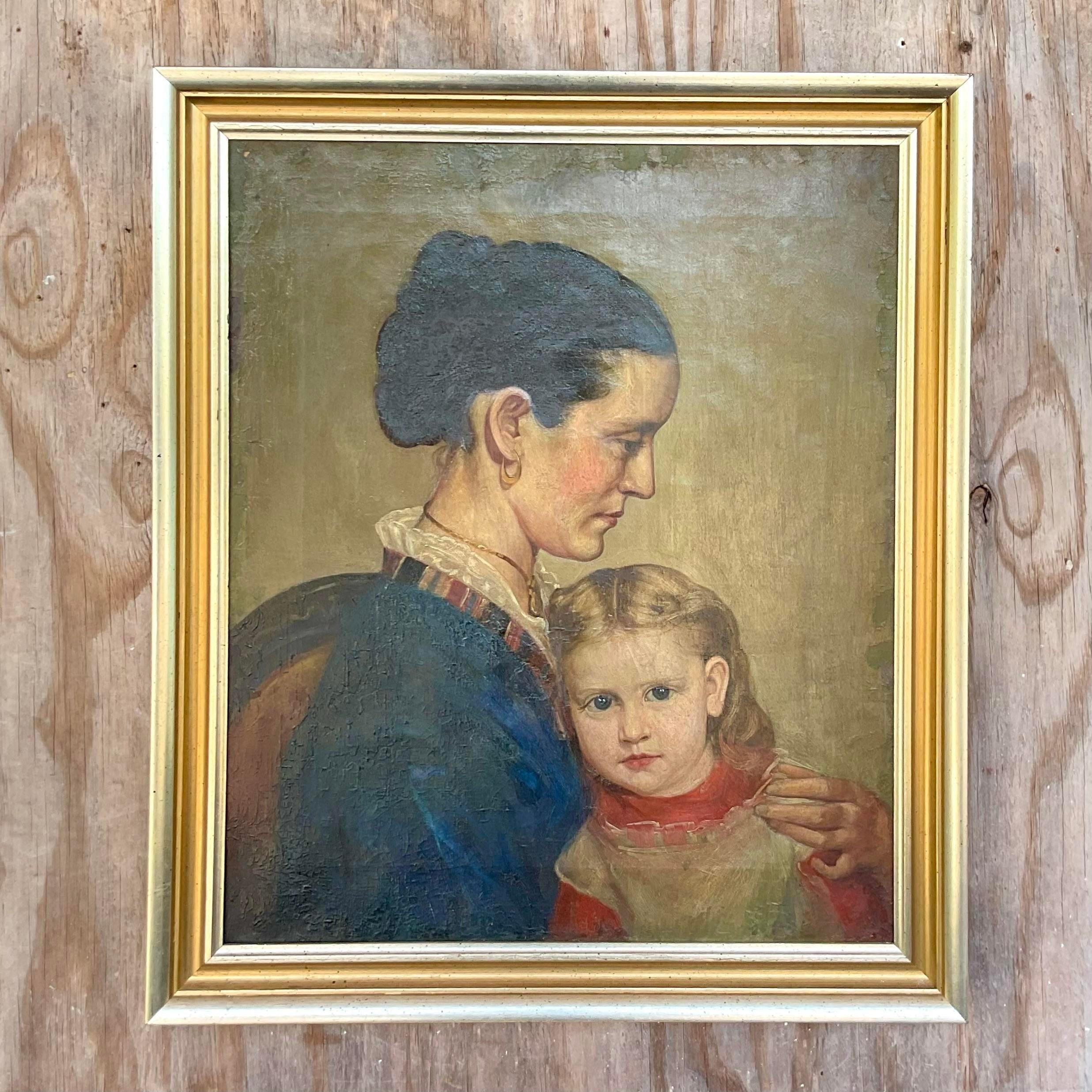 Vintage Regency Mother and Daughter Original Oil Portrait Painting ...