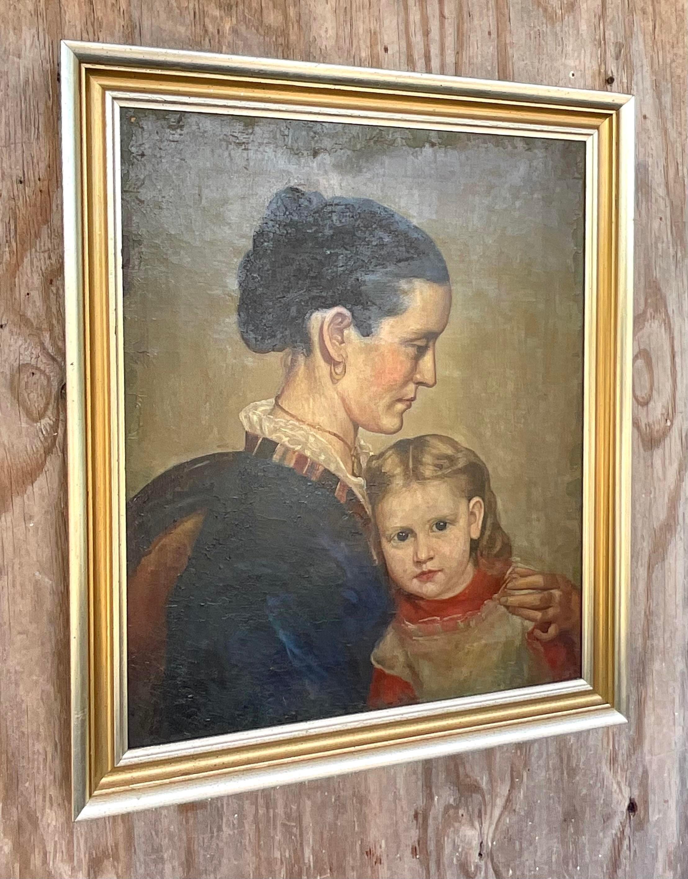Vintage Regency Mother and Daughter Original Oil Portrait Painting ...