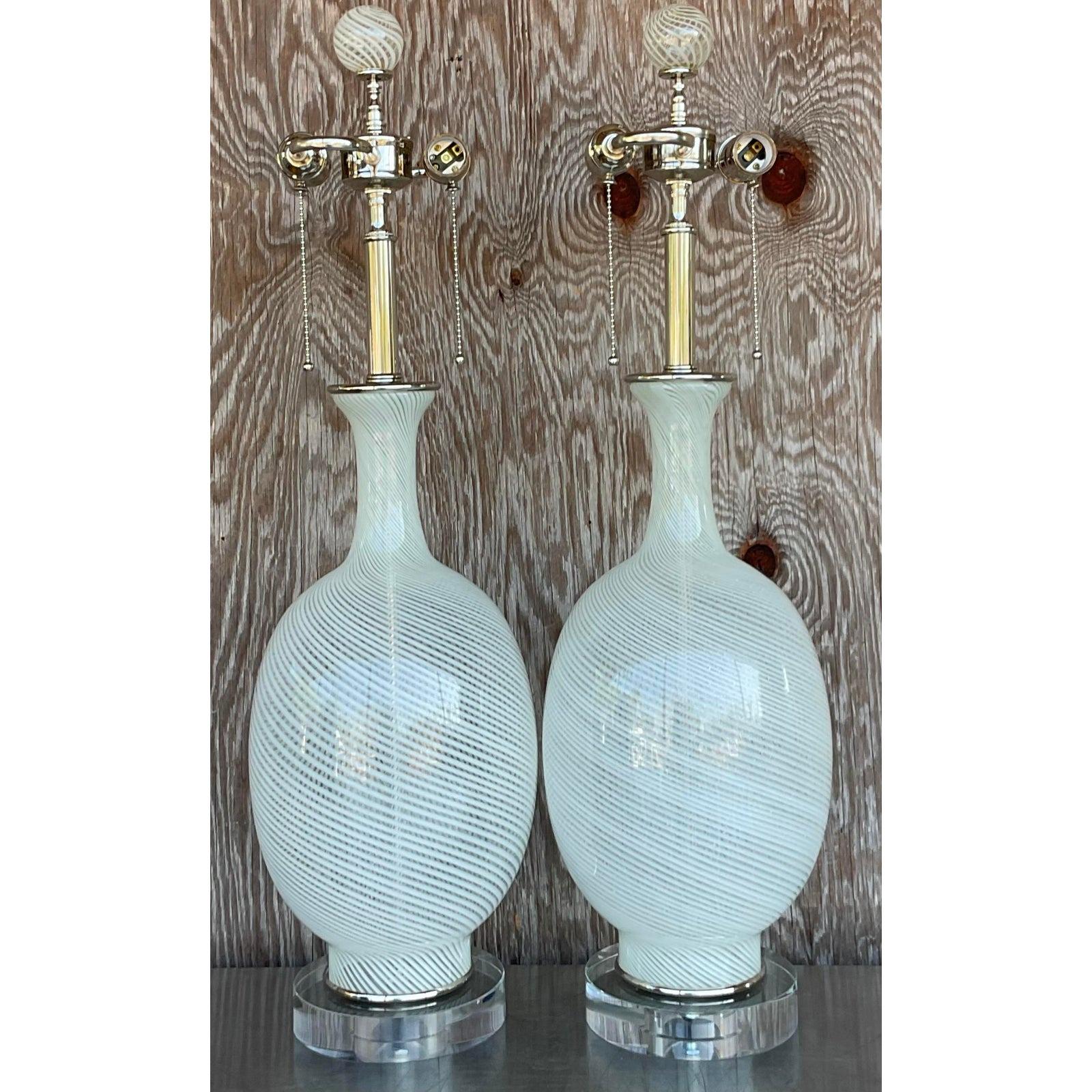 Vintage Regency Murano Swirl Lamps, a Pair In Good Condition In west palm beach, FL
