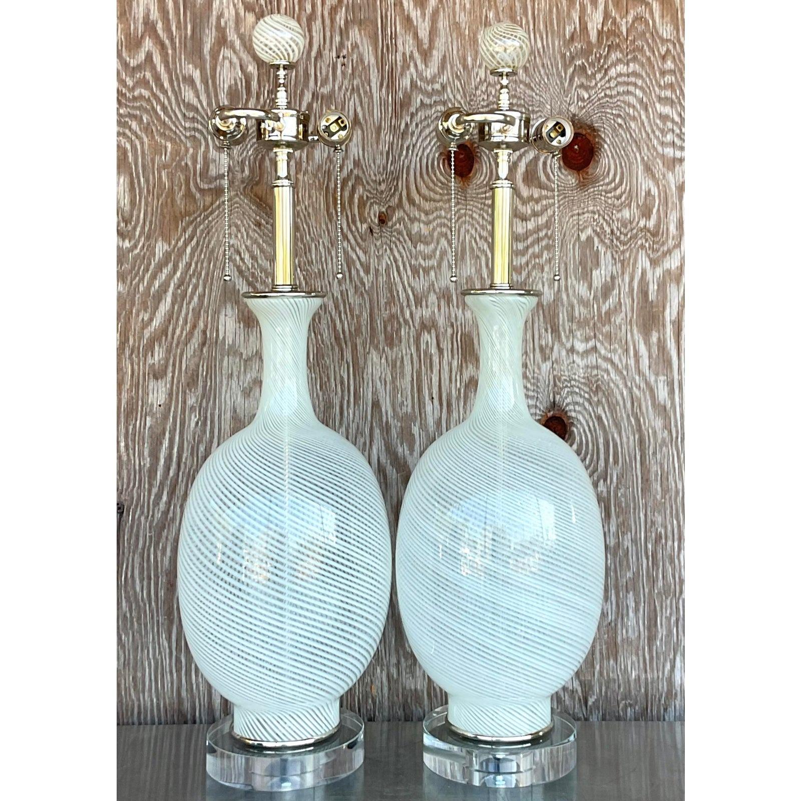 Lucite Vintage Regency Murano Swirl Lamps, a Pair