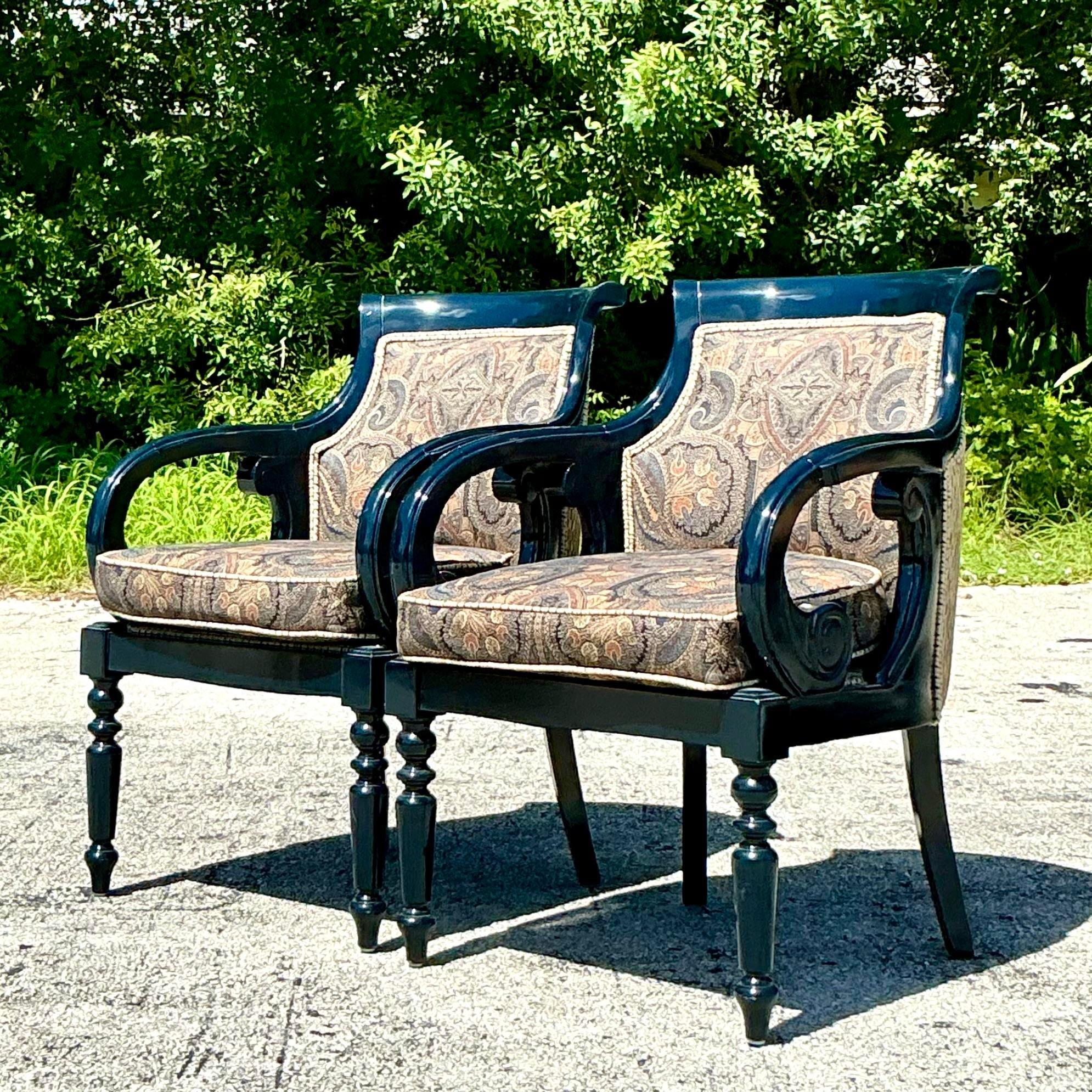 American Vintage Regency Navy Lacquered Paisley Lounge Chairs - a Pair For Sale