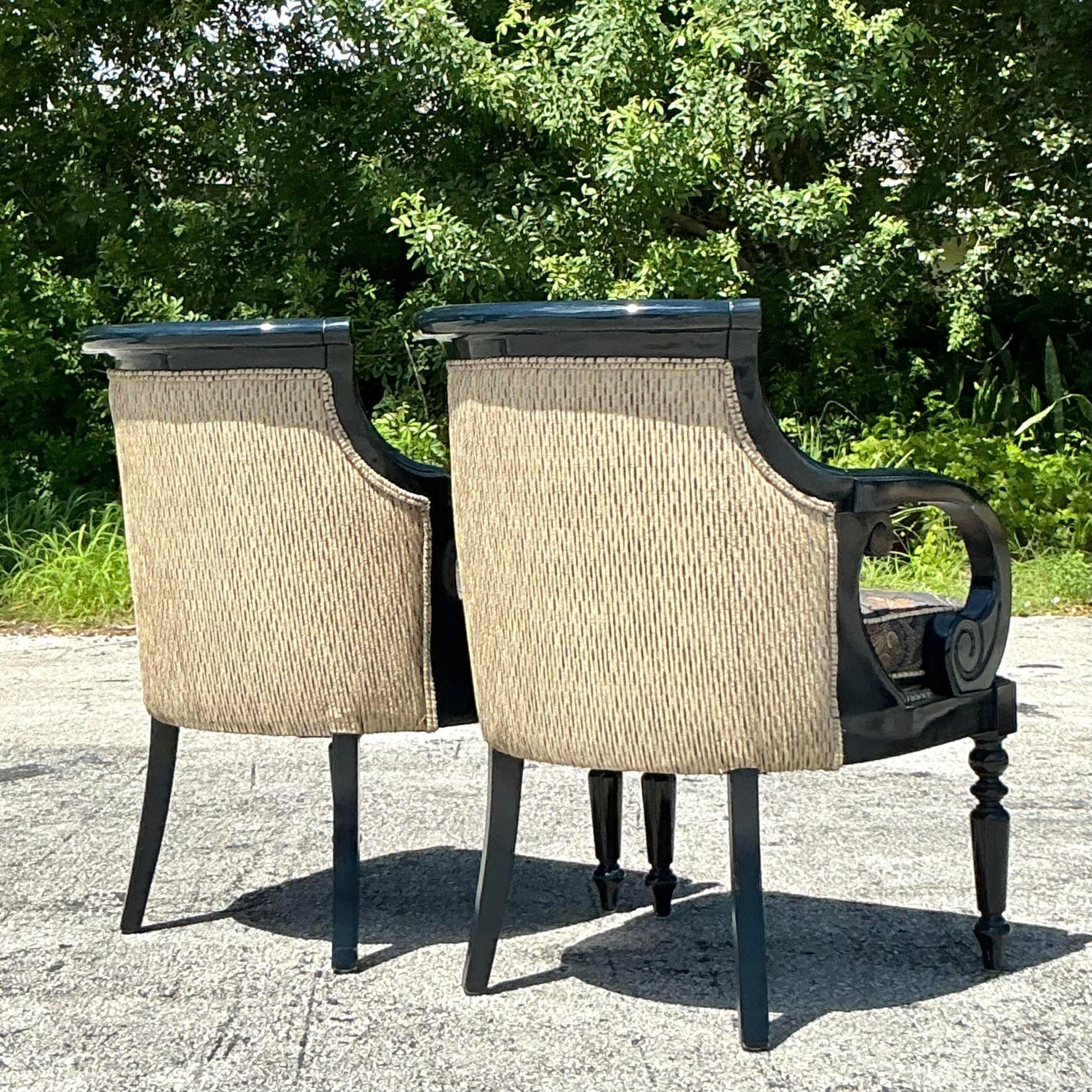 Vintage Regency Navy Lacquered Paisley Lounge Chairs - a Pair In Good Condition For Sale In west palm beach, FL