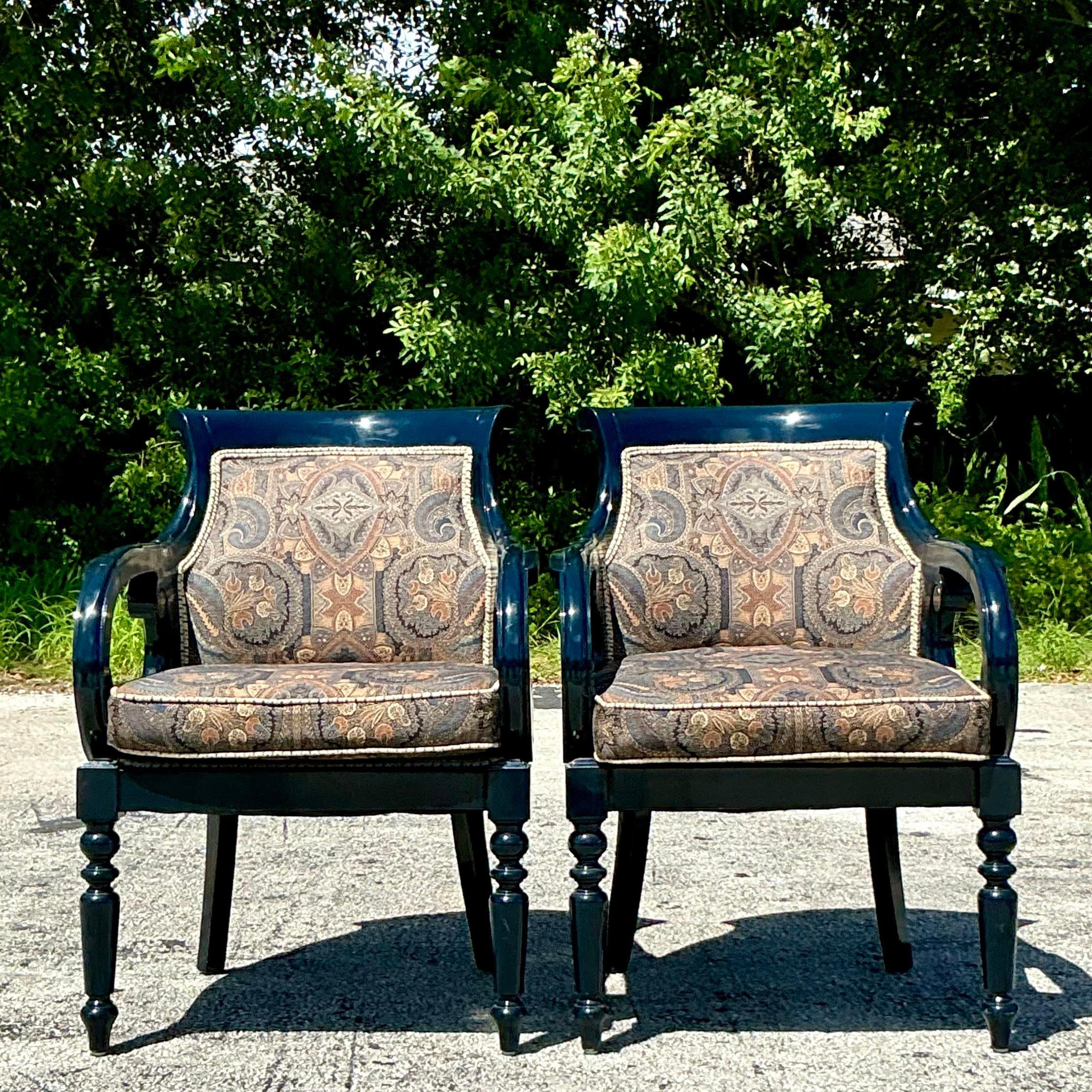 20th Century Vintage Regency Navy Lacquered Paisley Lounge Chairs - a Pair For Sale