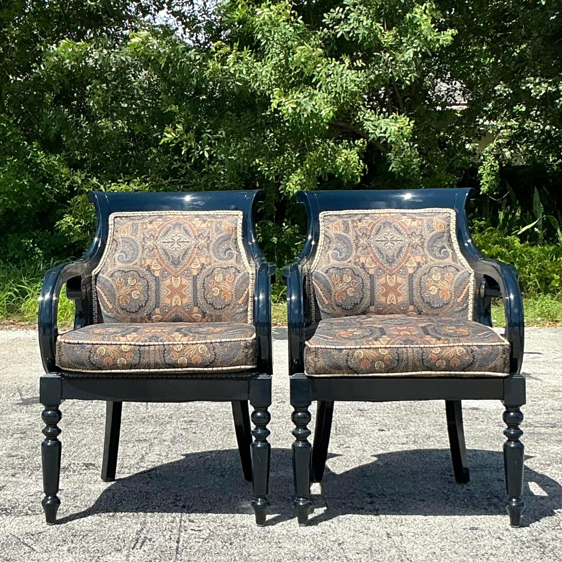 Upholstery Vintage Regency Navy Lacquered Paisley Lounge Chairs - a Pair For Sale