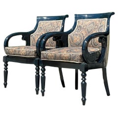 Vintage Regency Navy Lacquered Paisley Lounge Chairs - a Pair