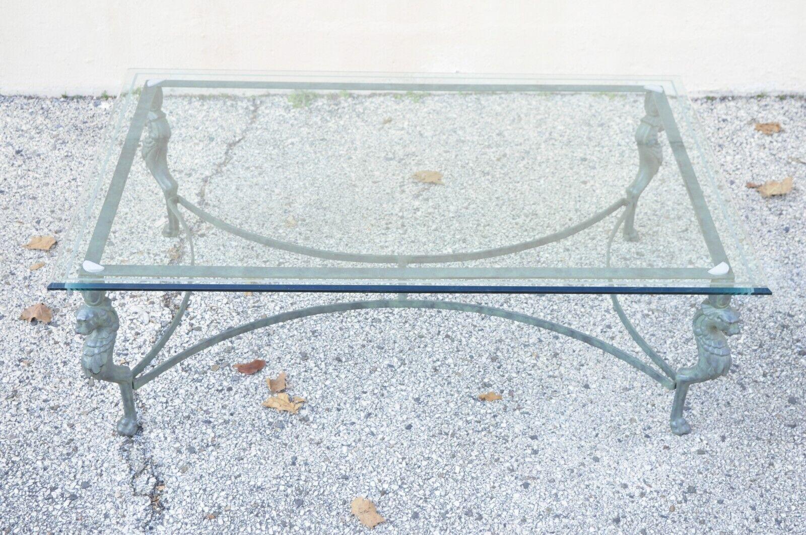 Vintage Regency Neoclassical Style Green Iron and Glass Lion Coffee Table For Sale 8