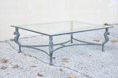 Vintage Regency Neoclassical Style Green Iron and Glass Lion Coffee Table