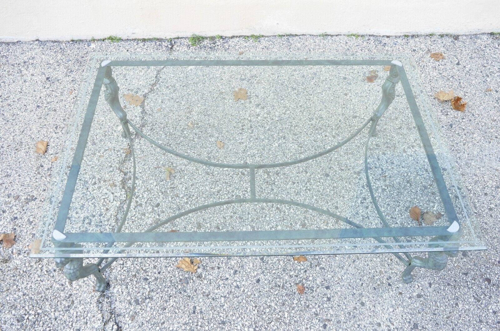 20th Century Vintage Regency Neoclassical Style Green Iron and Glass Lion Coffee Table For Sale