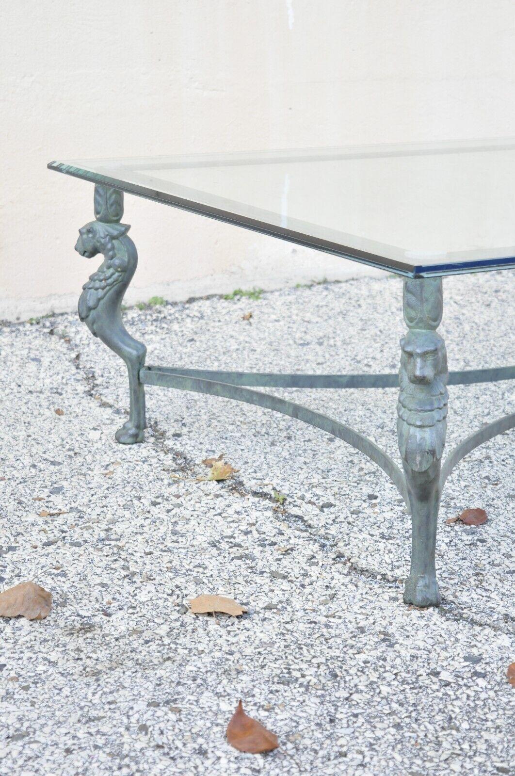 Vintage Regency Neoclassical Style Green Iron and Glass Lion Coffee Table For Sale 2