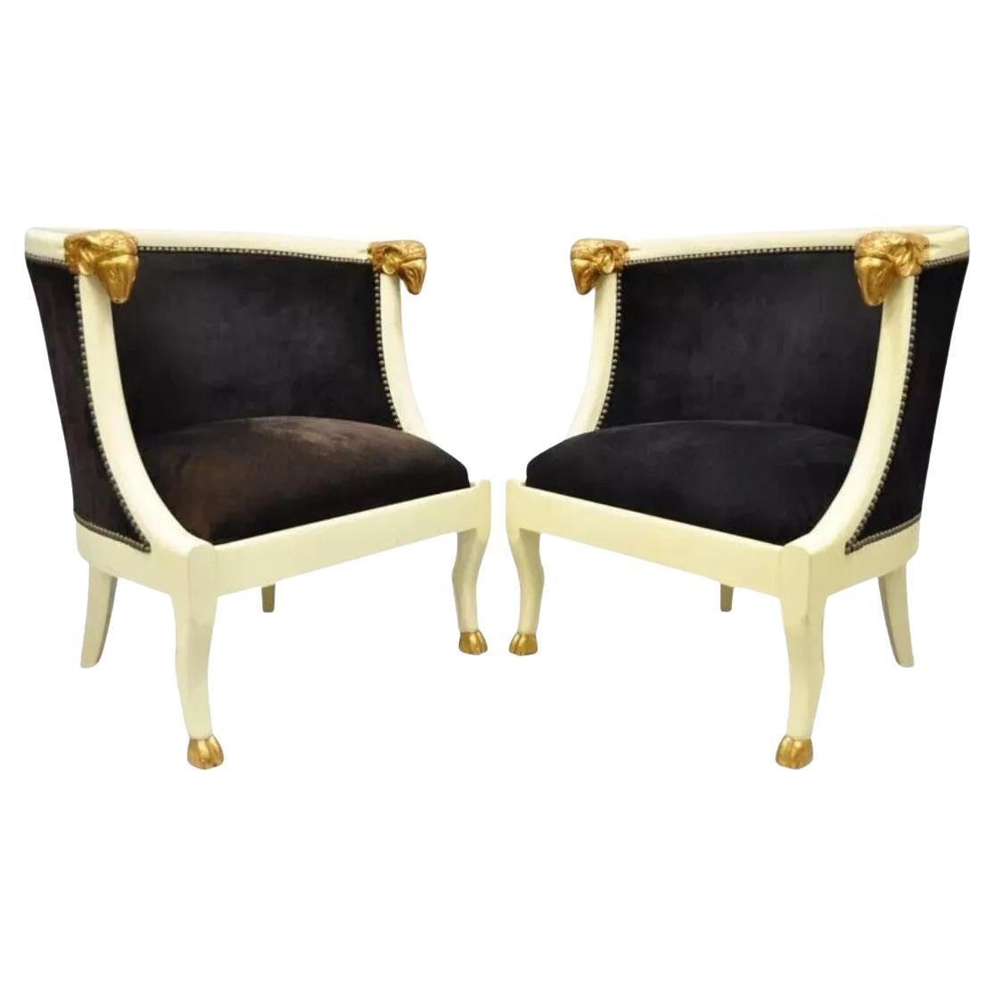 Vintage Regency Neoclassical Style Ram's Head Hoof Feet Club Chairs - a Pair
