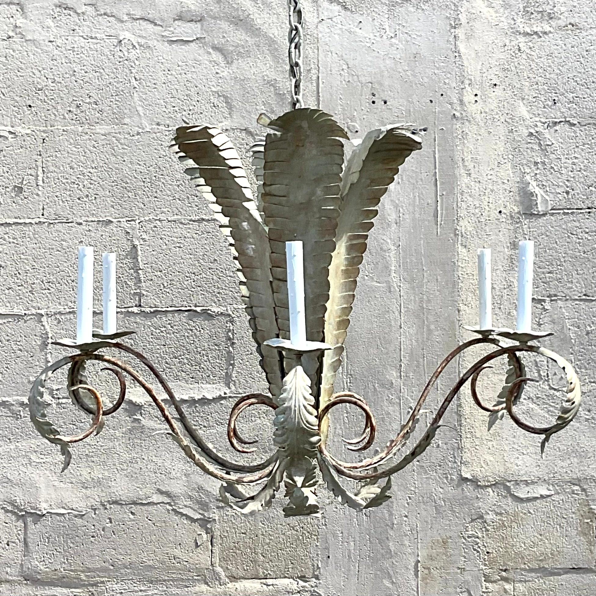 Vintage Regency Niermann Weeks Patinated Frond Chandelier In Good Condition For Sale In west palm beach, FL