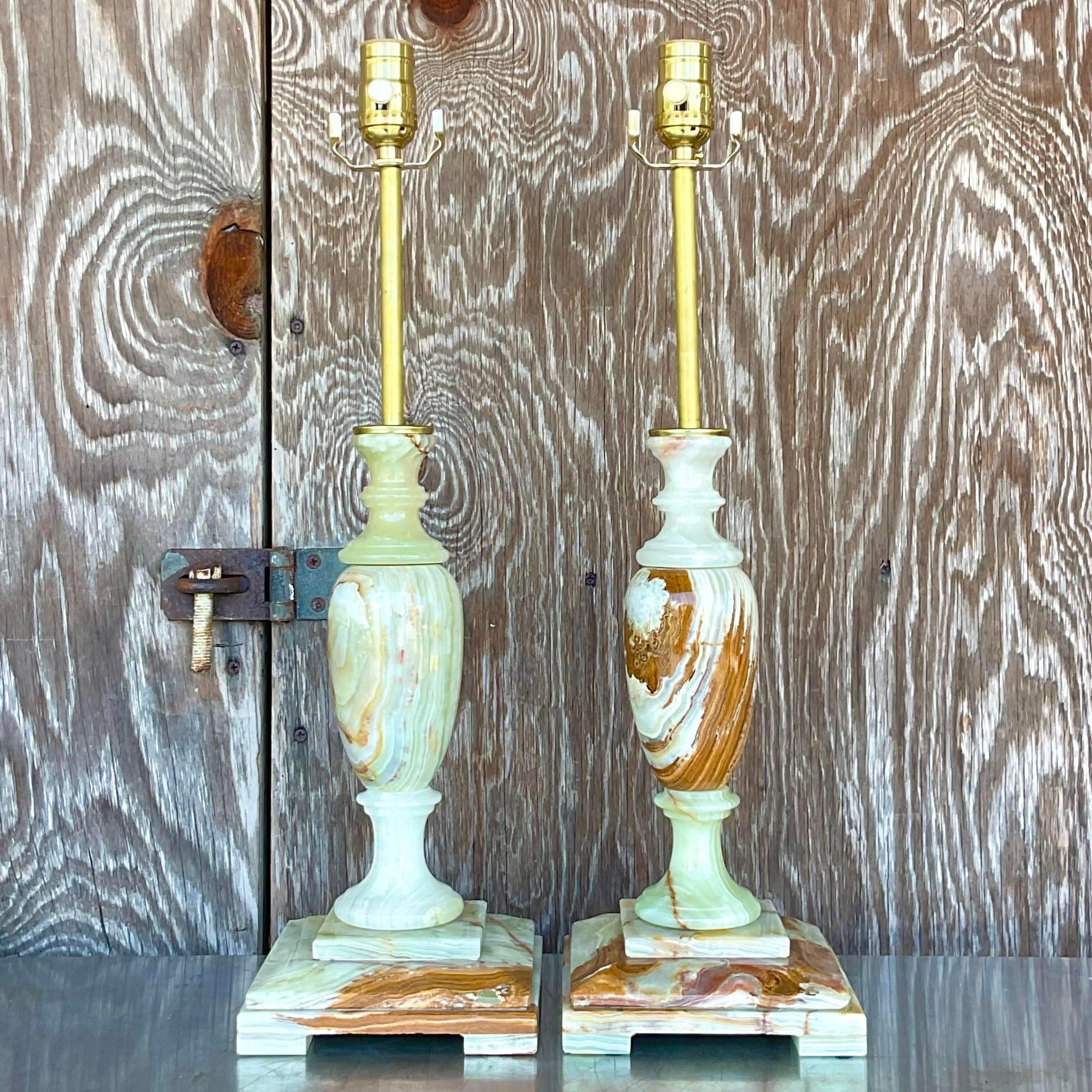 American Vintage Regency Onyx Candlestick Lamps - a Pair For Sale