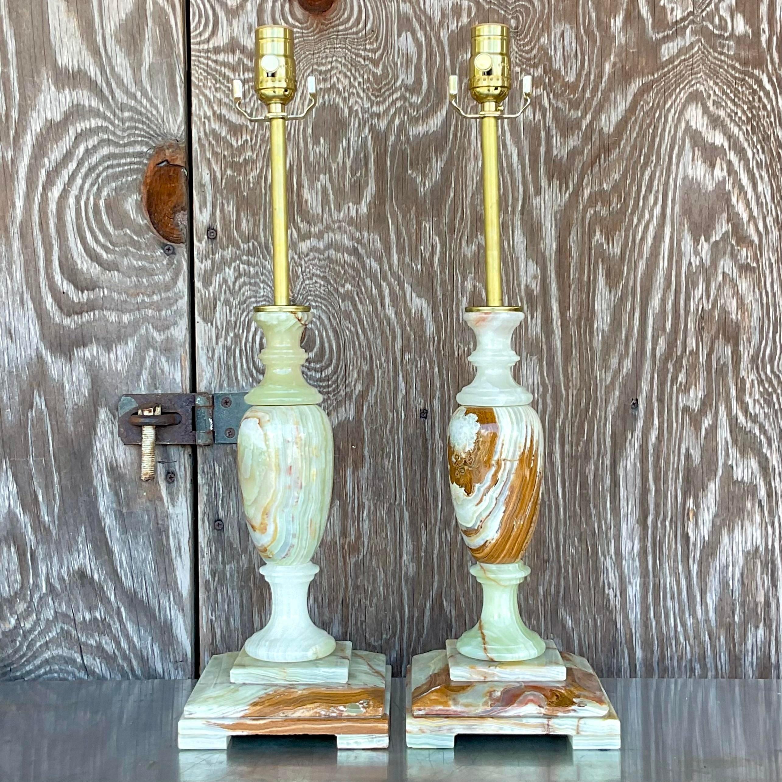 Vintage Regency Onyx Candlestick Lamps - a Pair In Good Condition For Sale In west palm beach, FL