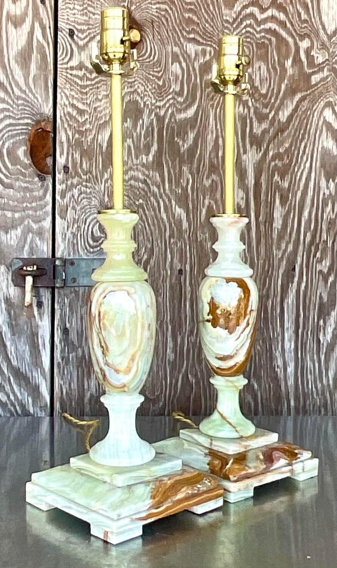 20th Century Vintage Regency Onyx Candlestick Lamps - a Pair For Sale