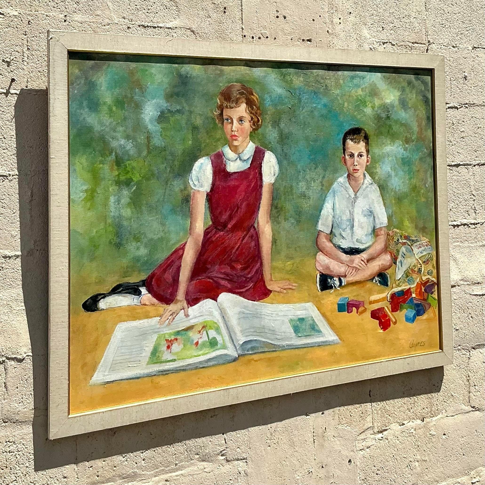 Charming vintage Regency-style oil painting on canvas, featuring a detailed family portrait of two children. This timeless piece captures the essence of youthful innocence, with the older sister sitting attentively beside her younger brother,