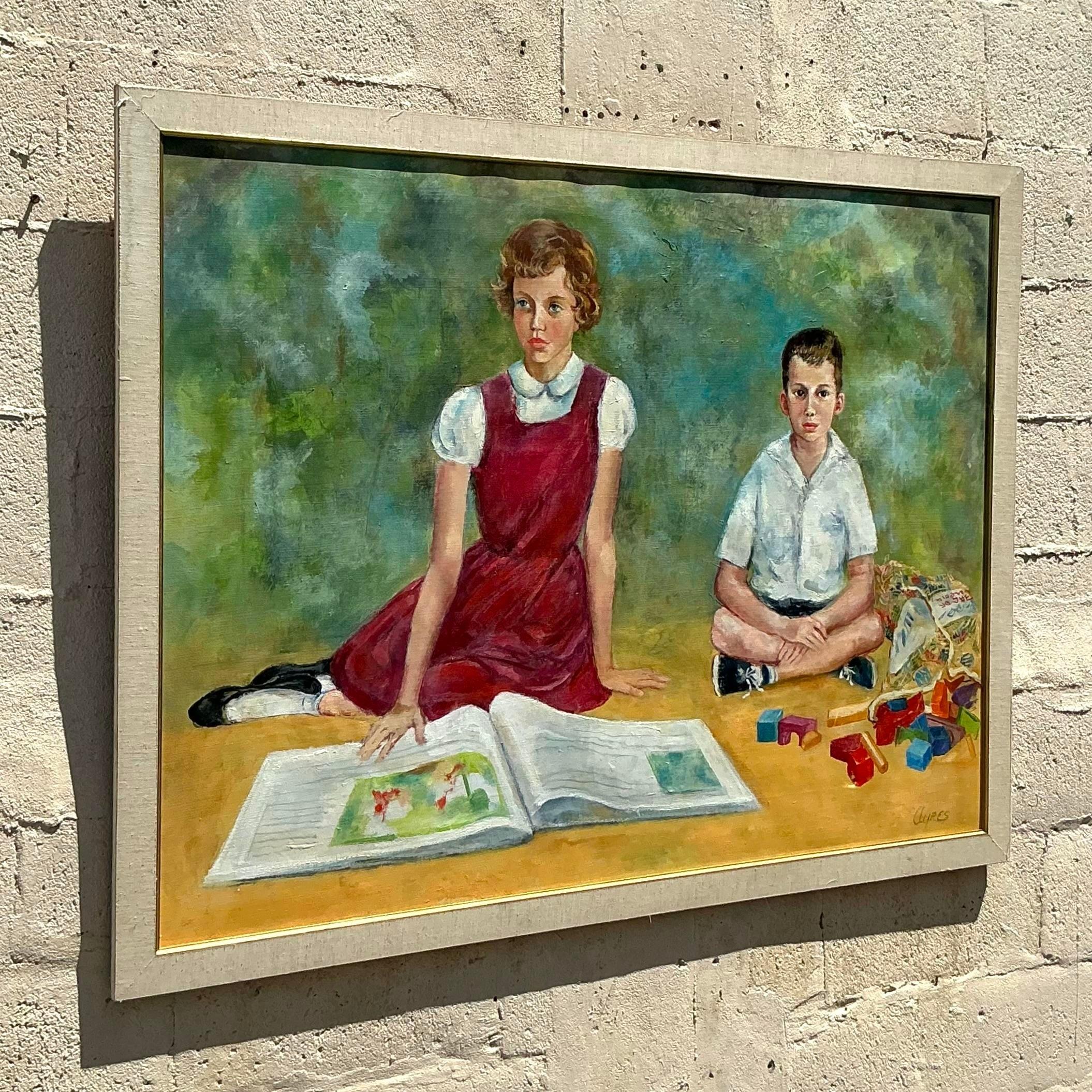 American Vintage Regency Original Family Portrait Oil Painting on Canvas For Sale