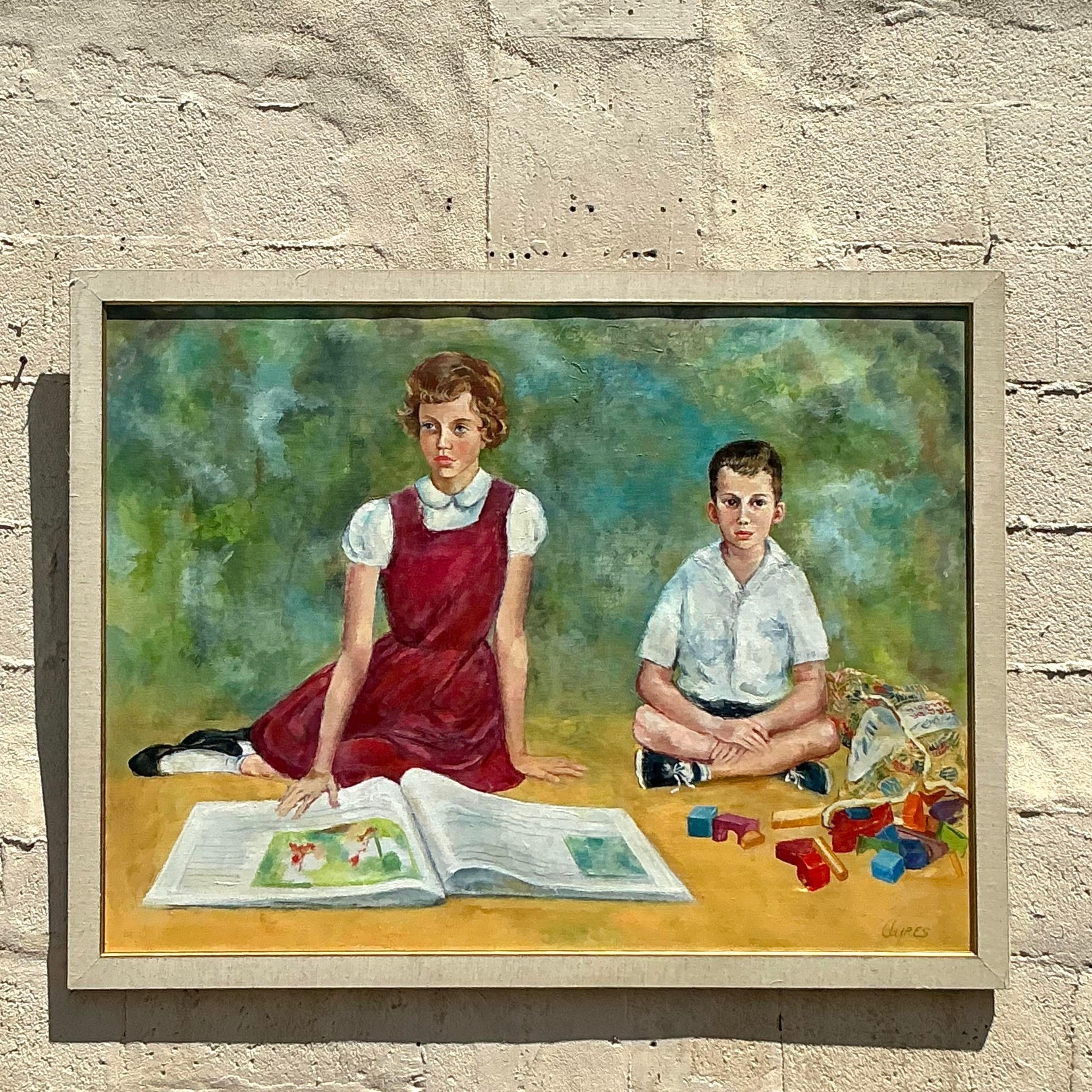 Vintage Regency Original Family Portrait Oil Painting on Canvas In Good Condition For Sale In west palm beach, FL
