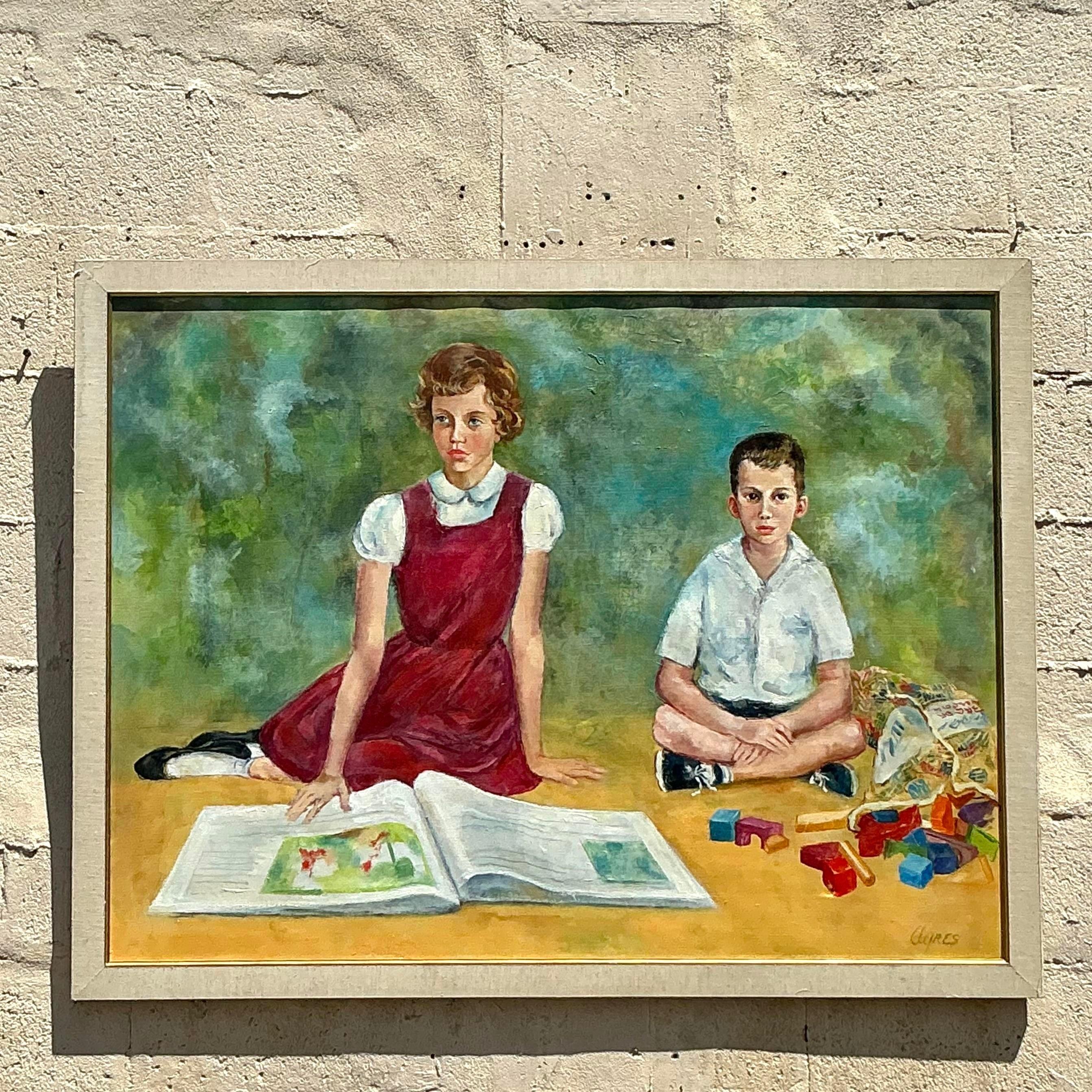 20th Century Vintage Regency Original Family Portrait Oil Painting on Canvas For Sale
