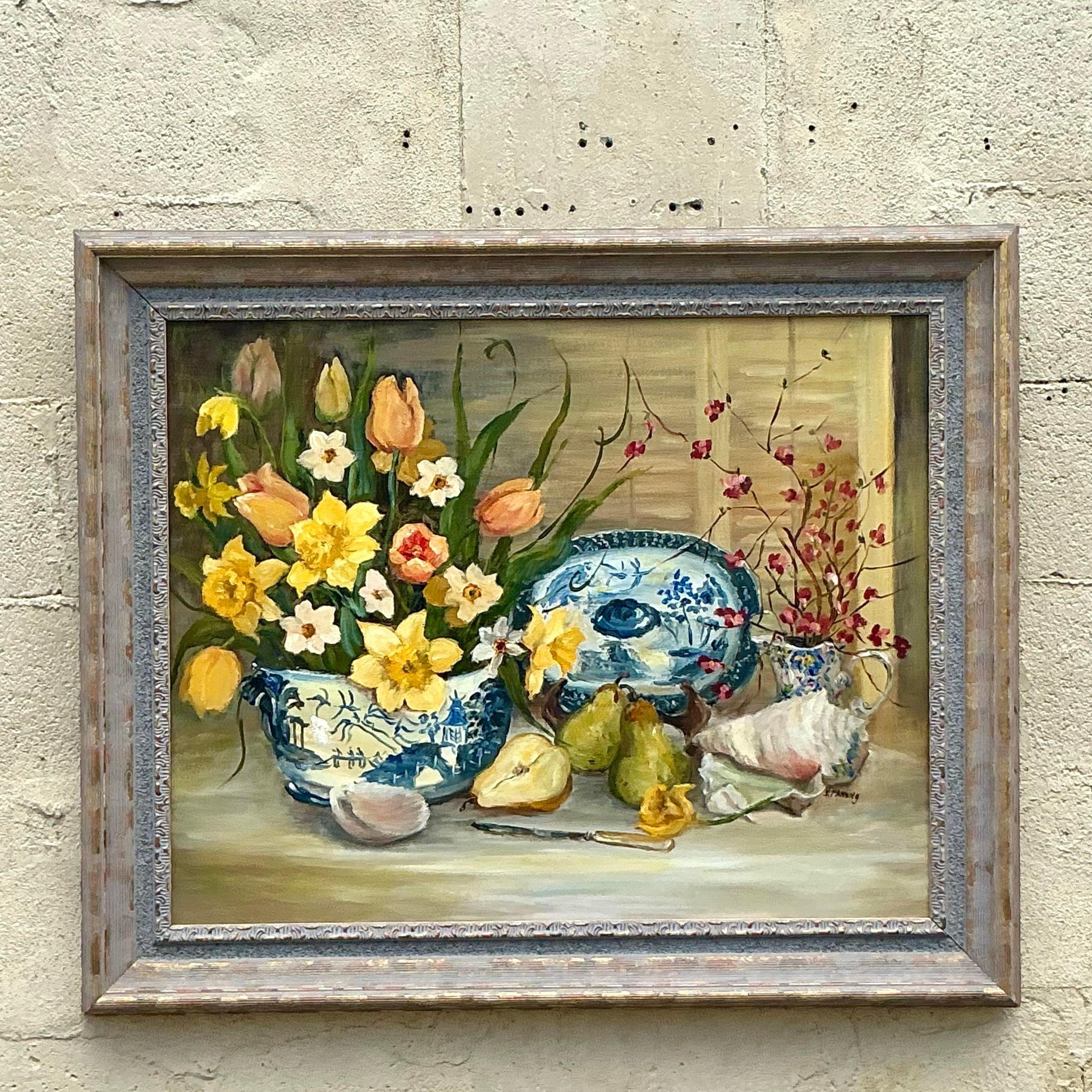 Vintage Regency Original Pintura Floral Naturaleza Muerta sobre Lienzo Regencia en venta