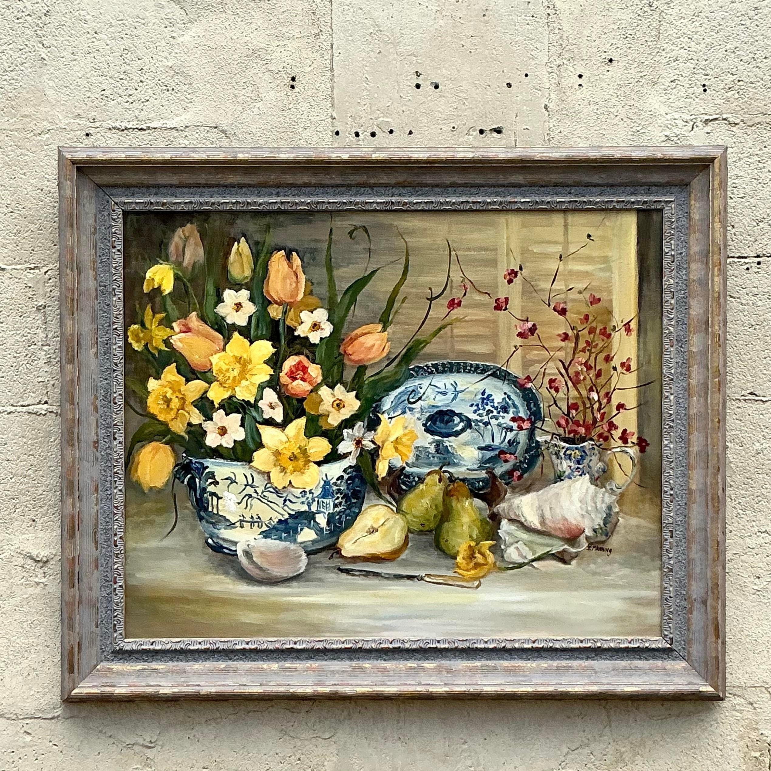 Vintage Regency Original Pintura Floral Naturaleza Muerta sobre Lienzo Estadounidense en venta