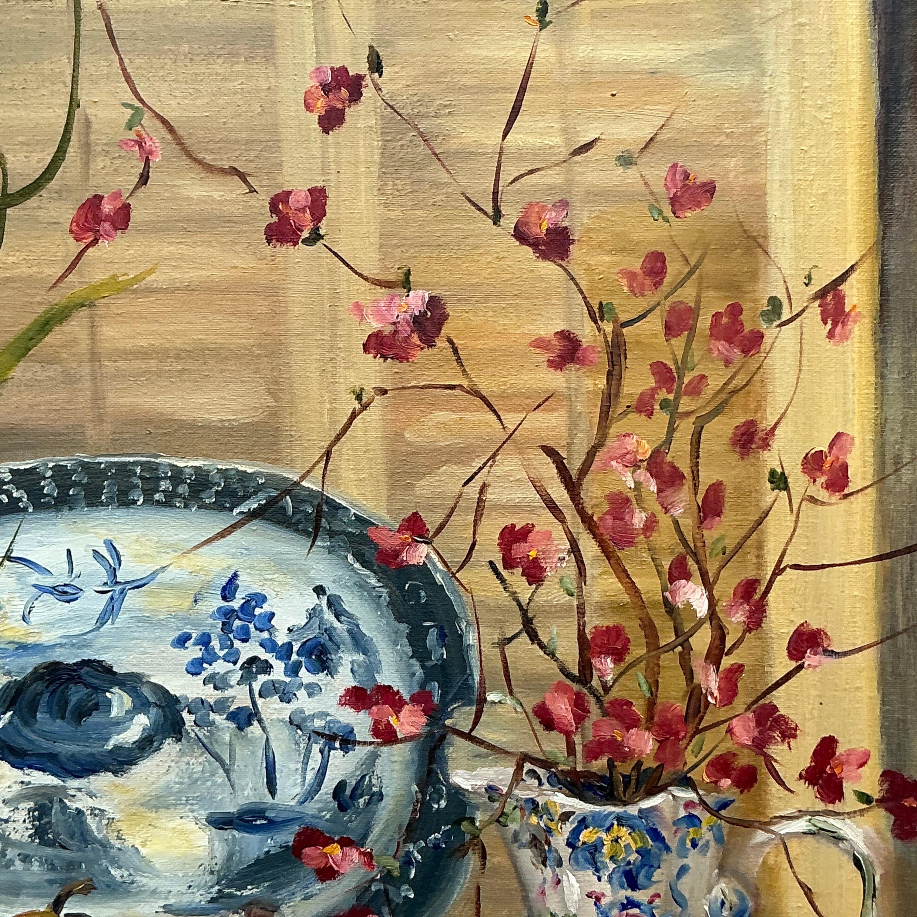 Vintage Regency Original Pintura Floral Naturaleza Muerta sobre Lienzo en Bueno estado para la venta en west palm beach, FL