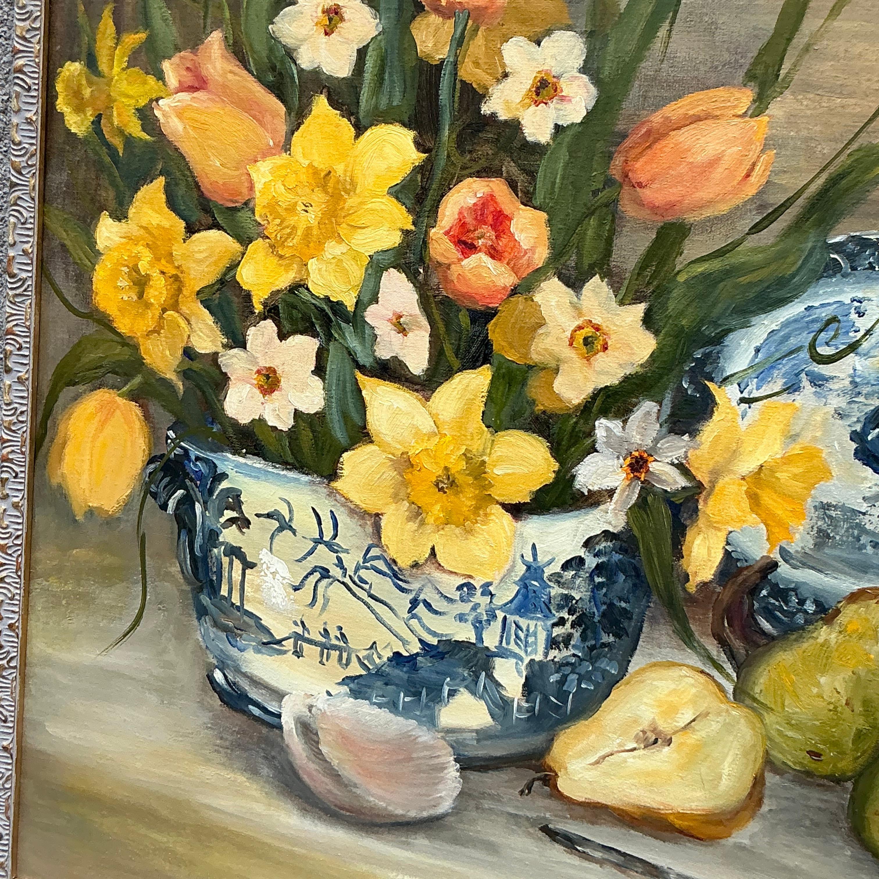 Vintage Regency Original Pintura Floral Naturaleza Muerta sobre Lienzo siglo XX en venta