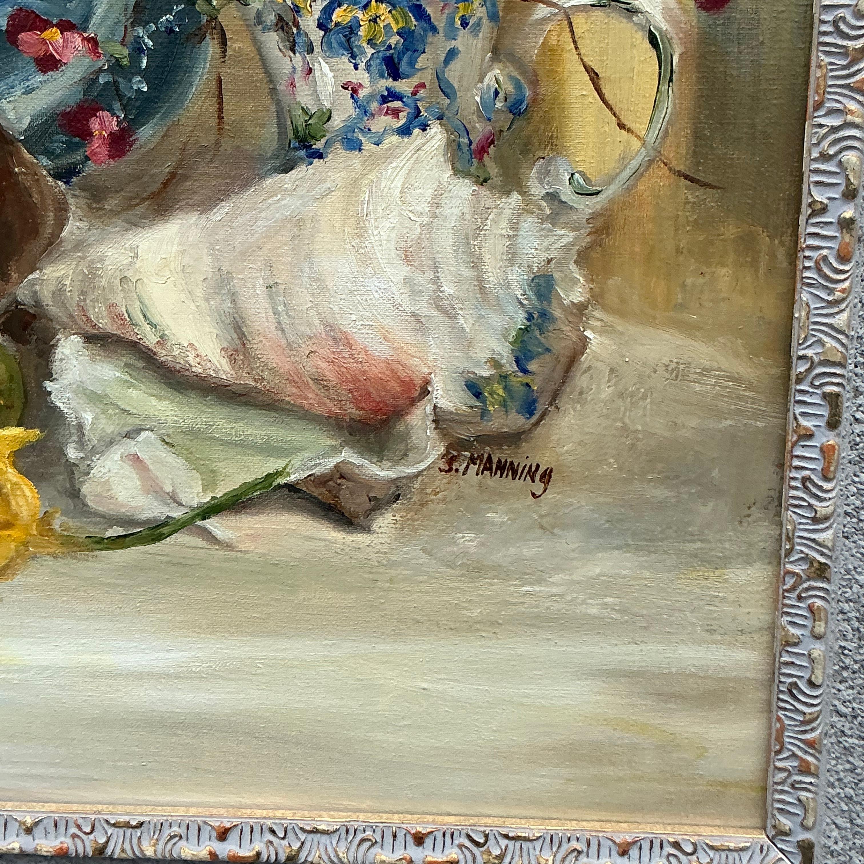 Vintage Regency Original Pintura Floral Naturaleza Muerta sobre Lienzo en venta 1