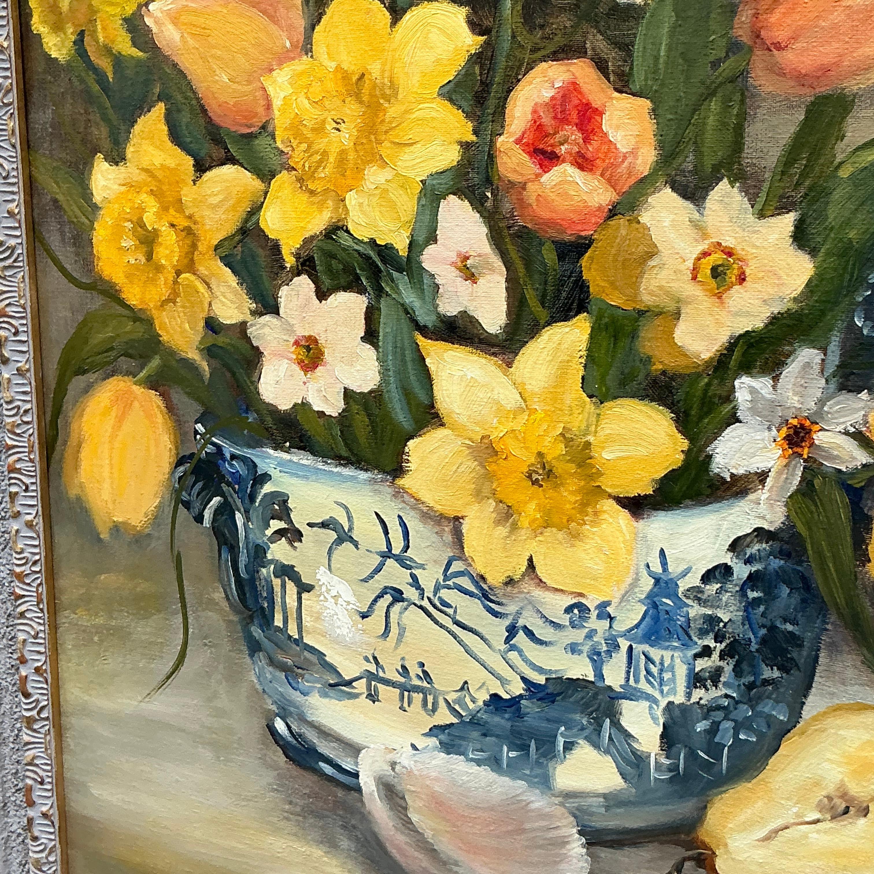 Vintage Regency Original Pintura Floral Naturaleza Muerta sobre Lienzo en venta 2