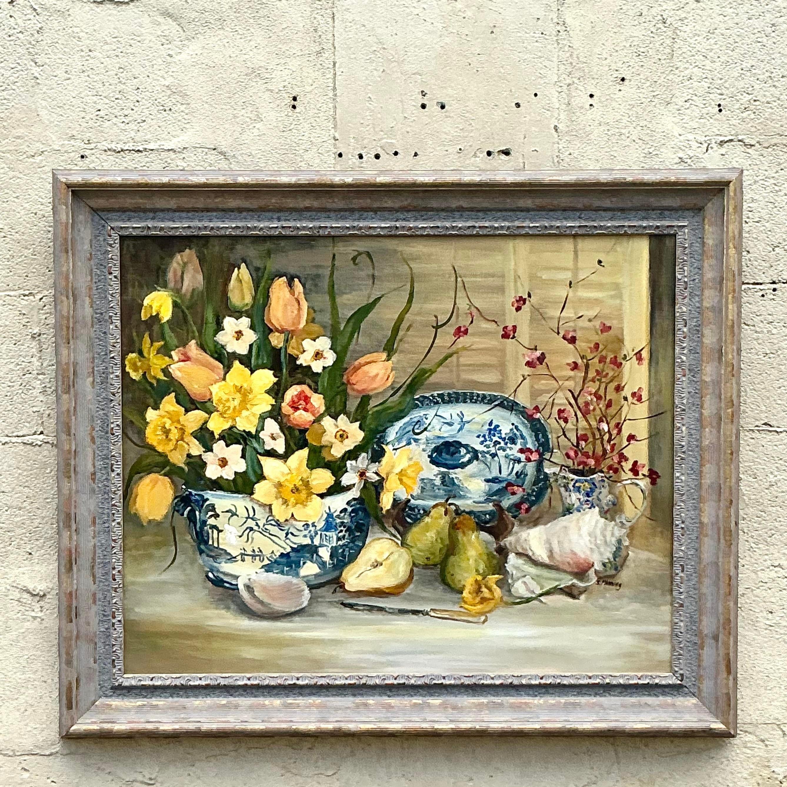 Vintage Regency Original Pintura Floral Naturaleza Muerta sobre Lienzo en venta 3