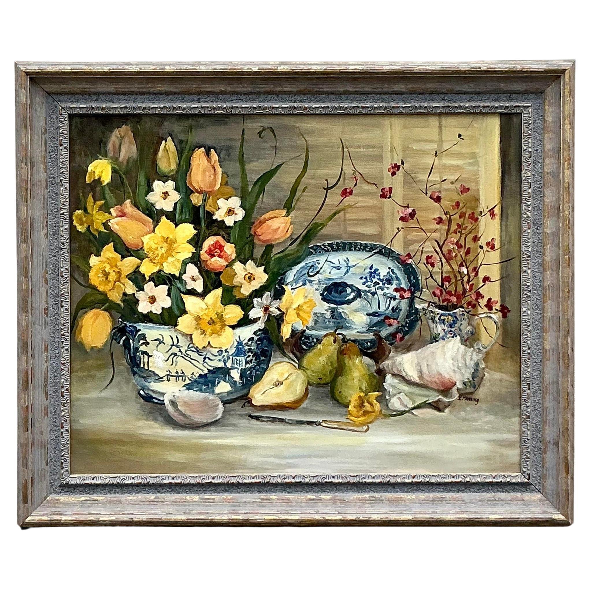 Vintage Regency Original Floral Still Life Painting on Canvas