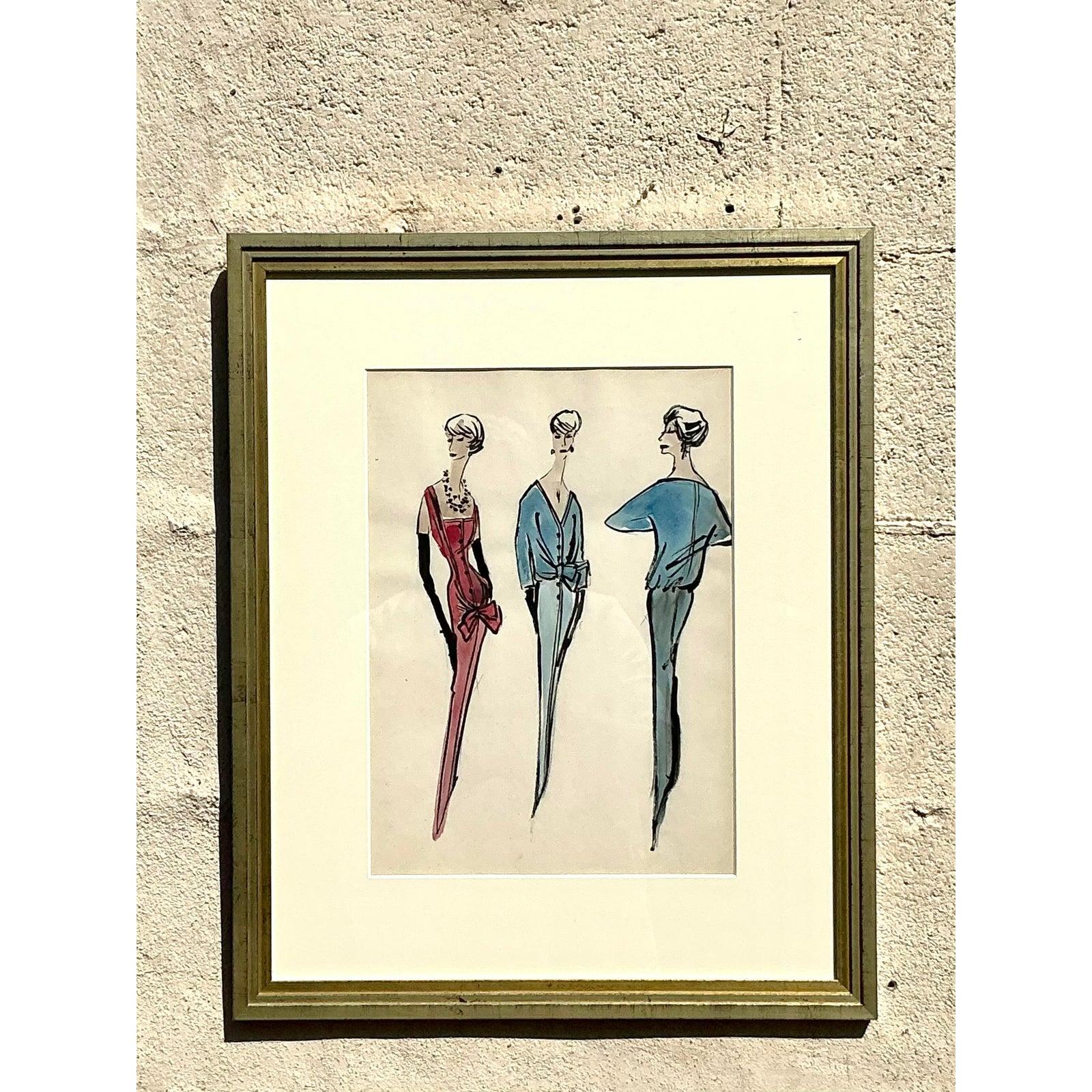 Francese Schizzo di moda originale della Reggenza Jacques Fath di Jane Bergdorf Goodman in vendita