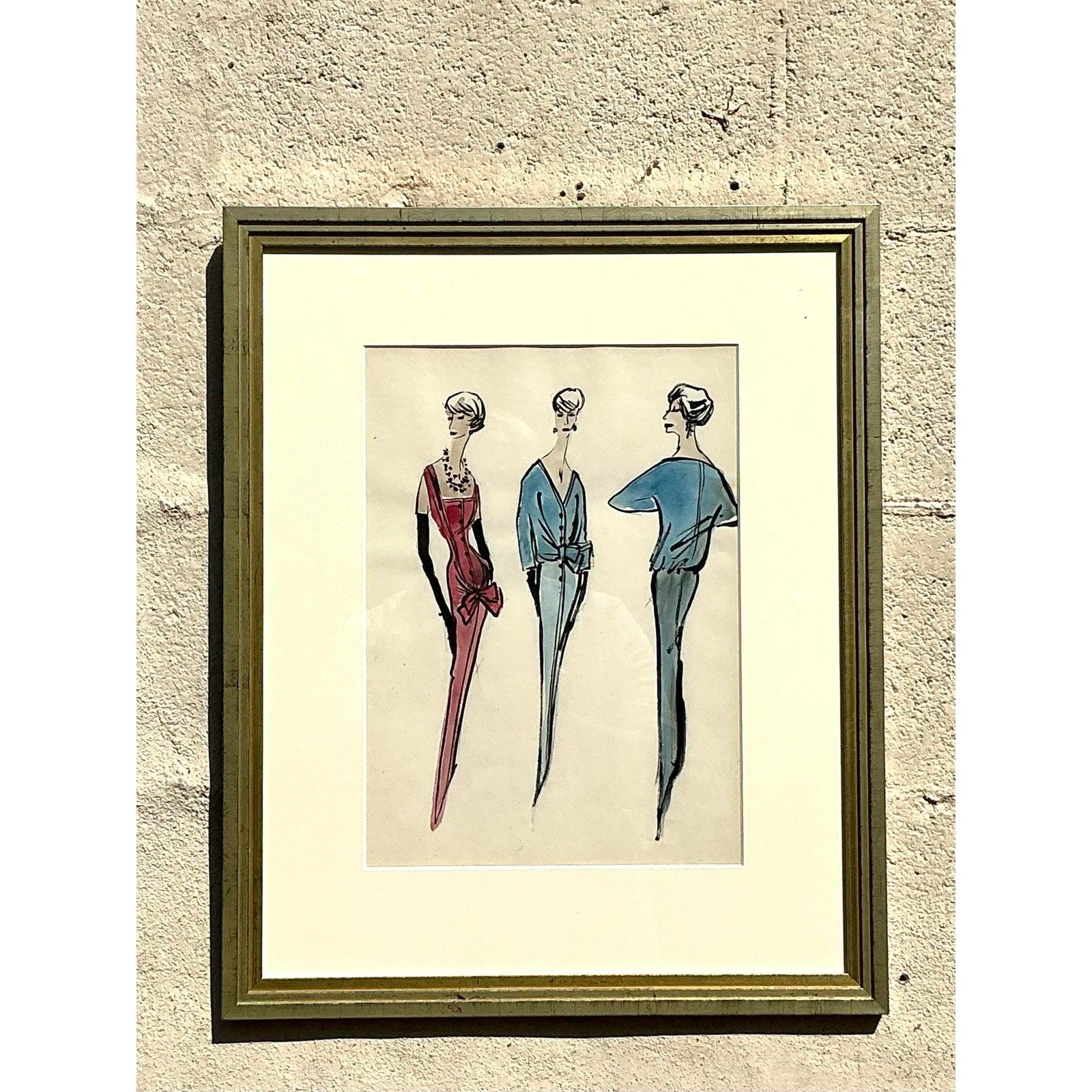 Schizzo di moda originale della Reggenza Jacques Fath di Jane Bergdorf Goodman In condizioni buone in vendita a West Palm Beach, FL