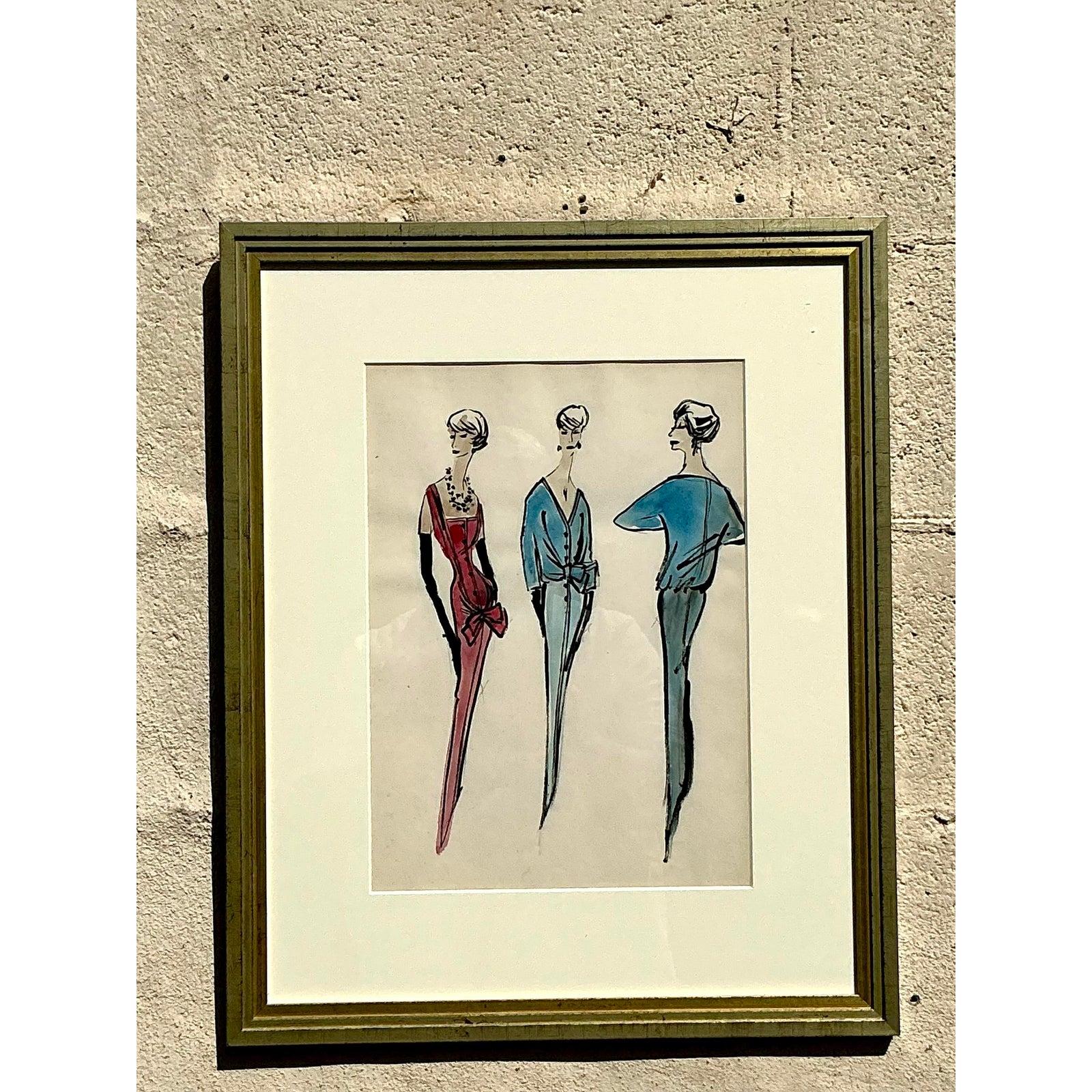 XX secolo Schizzo di moda originale della Reggenza Jacques Fath di Jane Bergdorf Goodman in vendita