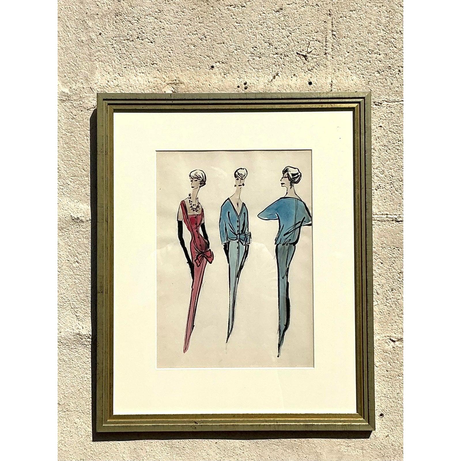 Vetro Schizzo di moda originale della Reggenza Jacques Fath di Jane Bergdorf Goodman in vendita