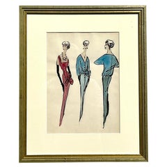 Sketch de mode vintage Regency d'origine Jacques Fath de Jane Bergdorf Goodman