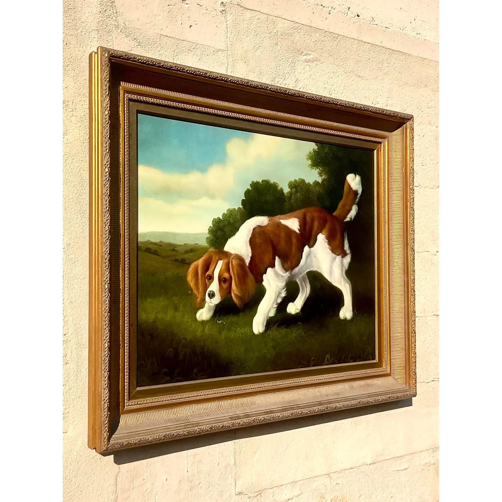 A gorgeous vintage Regency signed original oil painting on canvas. Beautiful deep colors on this composition of a handsome Spaniel. Heavy gilt frame. Signed by the artist Shipley. Acquired from a Palm Beach estate.