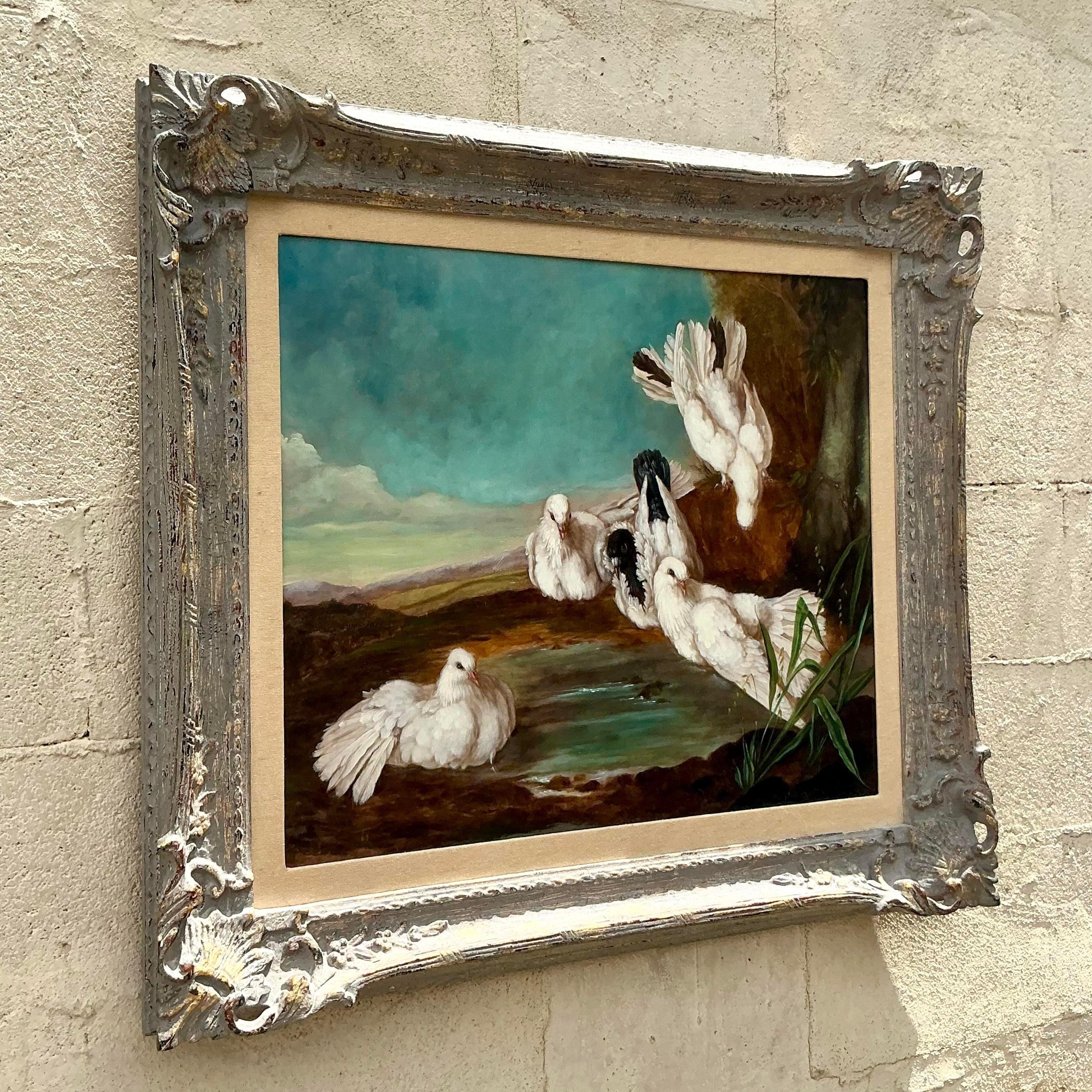 Original Vintage Regency-Ölgemälde von Tauben, Vintage im Zustand „Gut“ im Angebot in west palm beach, FL