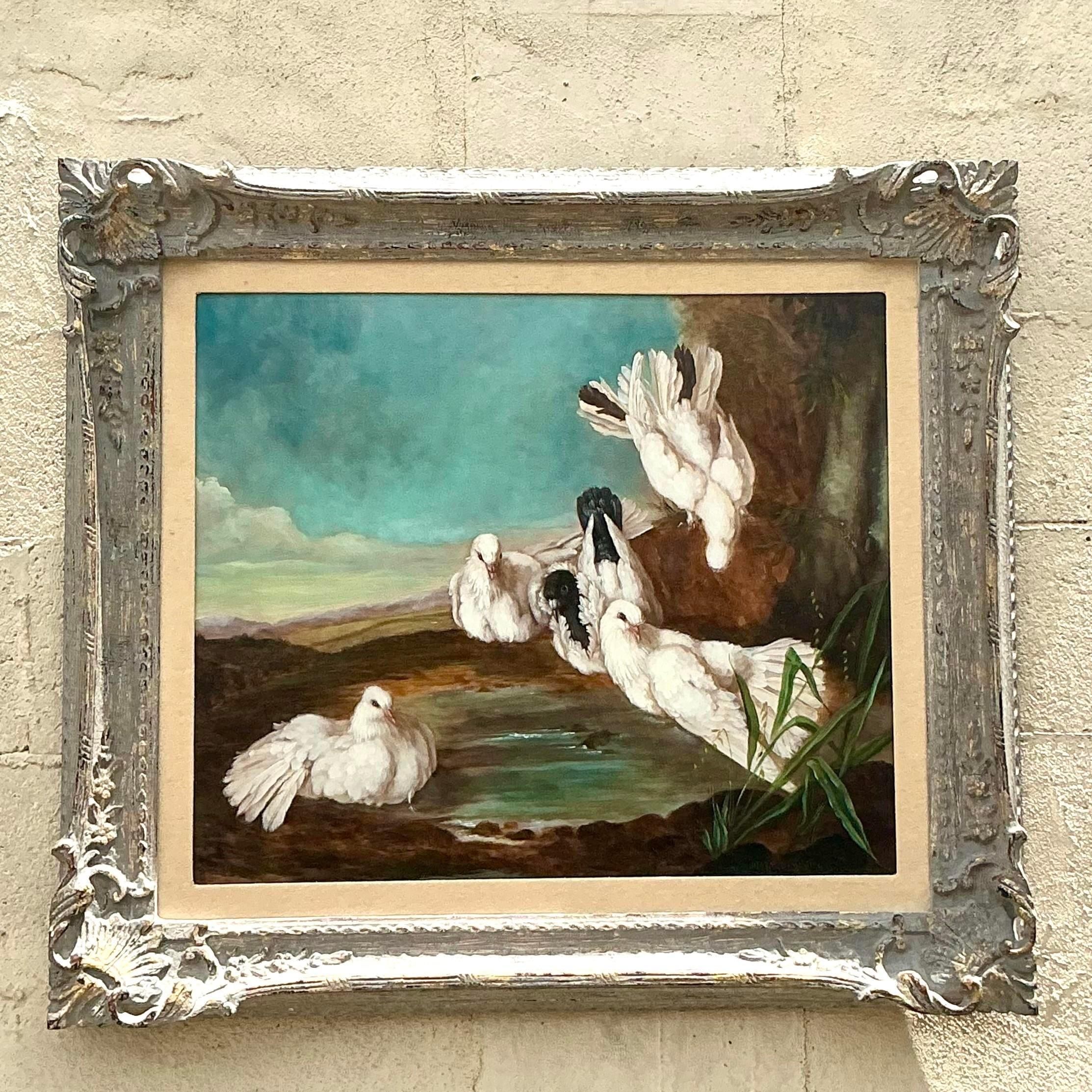 Original Vintage Regency-Ölgemälde von Tauben, Vintage (20. Jahrhundert) im Angebot
