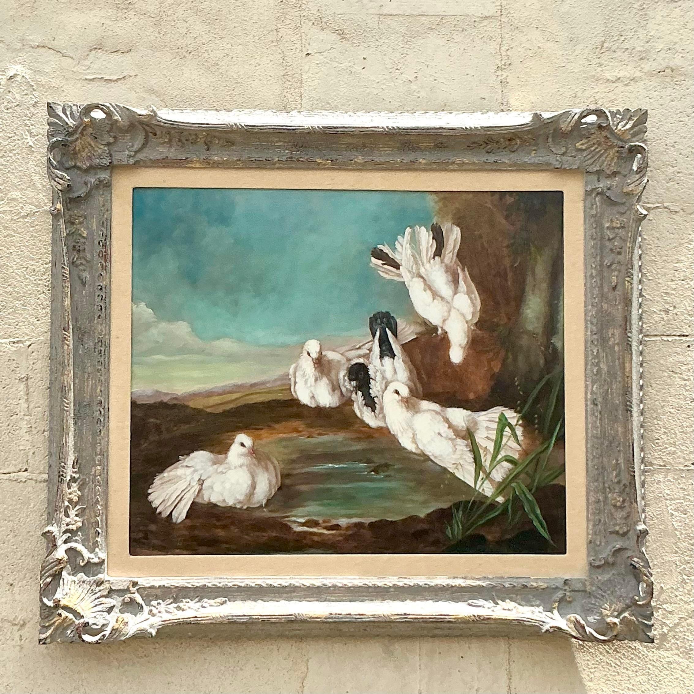 Original Vintage Regency-Ölgemälde von Tauben, Vintage (Leinwand) im Angebot