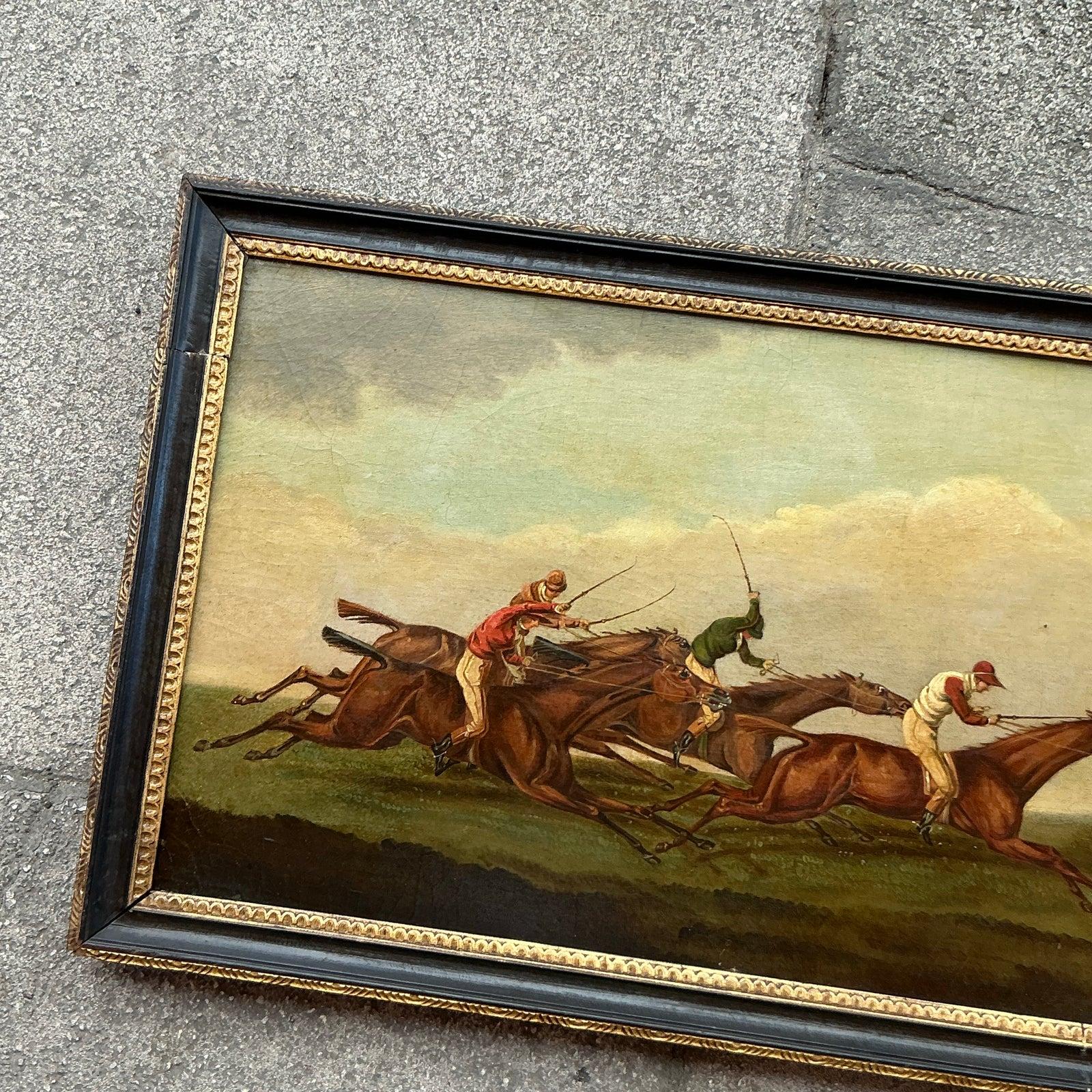 Step into the thrill of the racetrack with this striking Vintage Regency Original Oil Painting capturing the energy and elegance of an equestrian sprint. The composition features four jockeys in vibrant silks astride galloping thoroughbreds, set