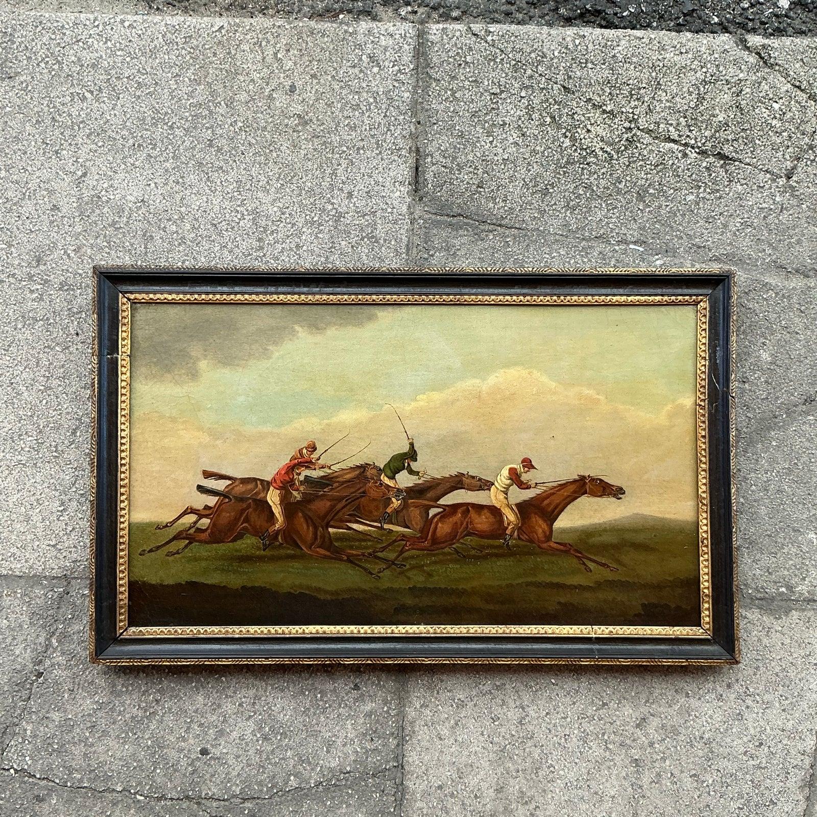 Vintage Regency Original Oil Painting of Horse Race In Good Condition In west palm beach, FL