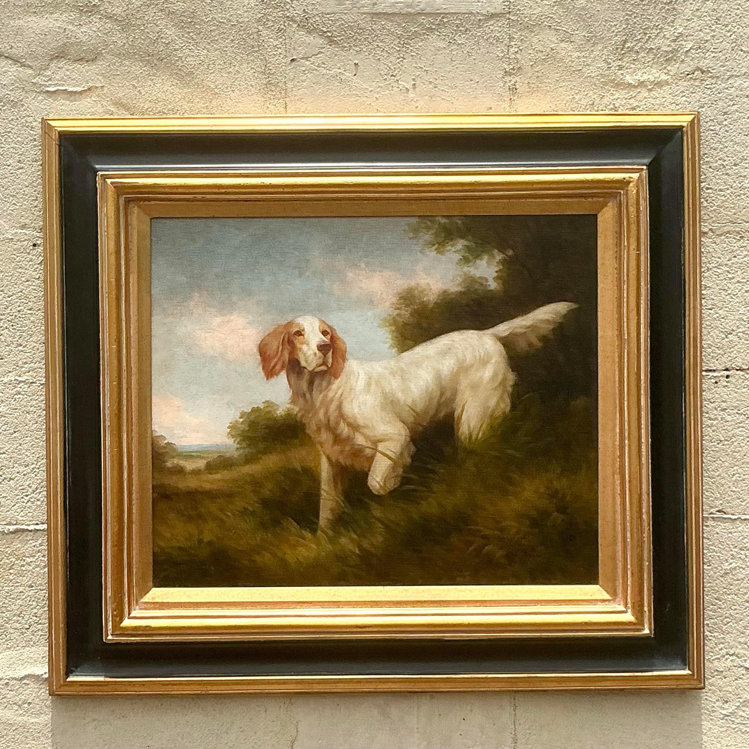 American Vintage Regency Original Oil Painting of Spaniel on Canvas