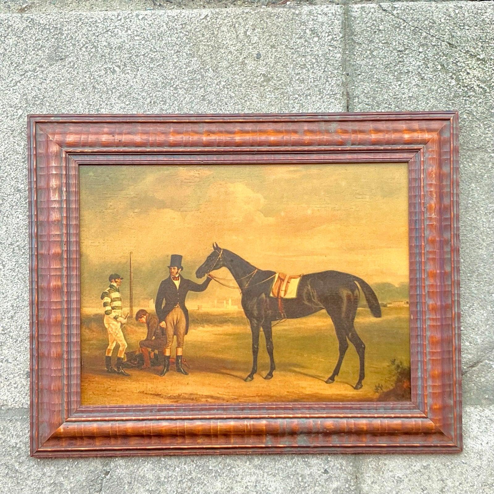 Celebrate the timeless elegance of equestrian tradition with this striking Regency-era oil painting featuring a noble black horse alongside its proud handler, jockey, and groom. The composition exudes a sense of discipline and prestige, capturing