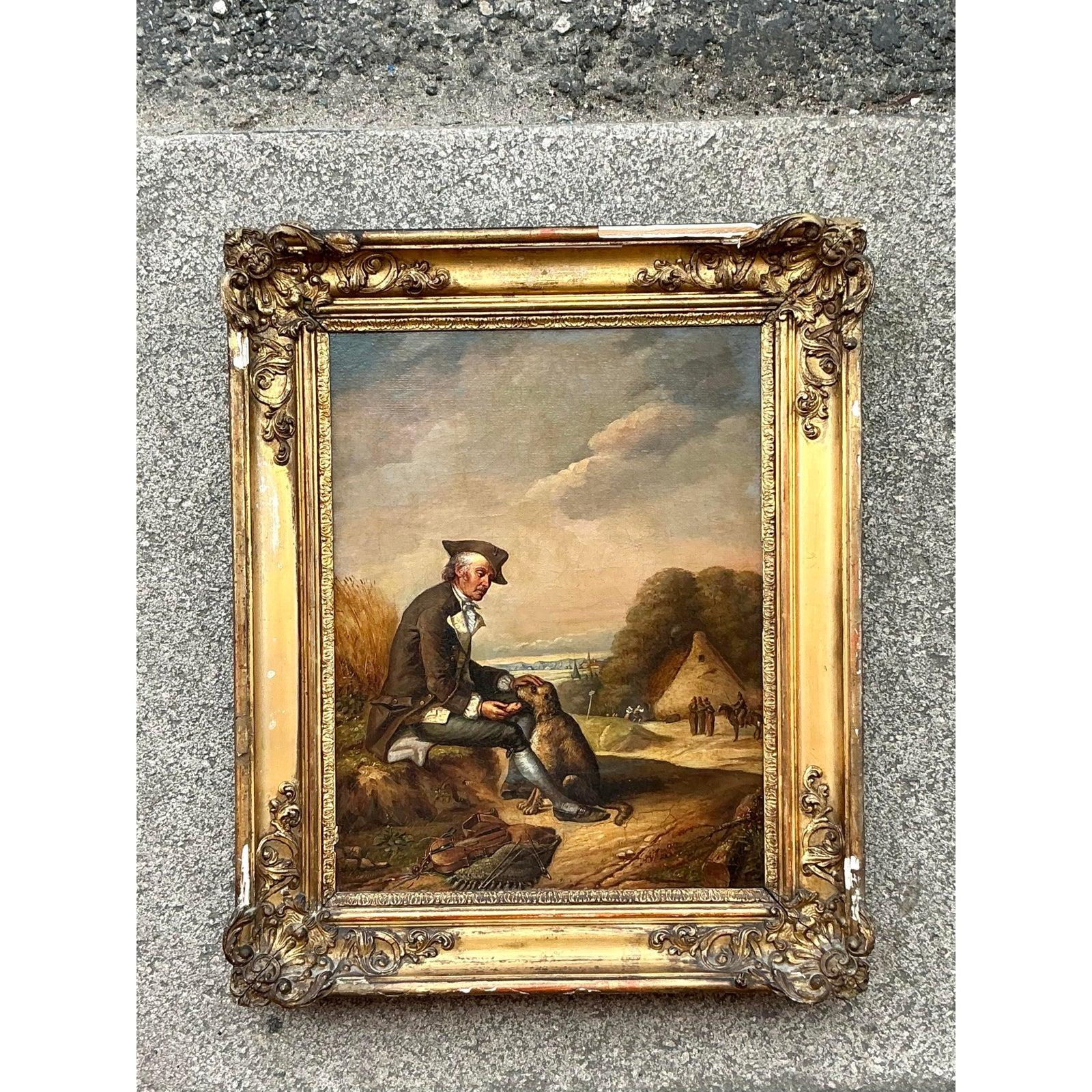 Tauchen Sie ein in die ländliche Eleganz der Regency-Ära mit diesem fesselnden Original-Ölgemälde, das einen Herrn mit Dreispitz an einem Feldweg sitzend zeigt, der sich herzlich mit seinem treuen Hund vergnügt. Das Gemälde verbindet auf