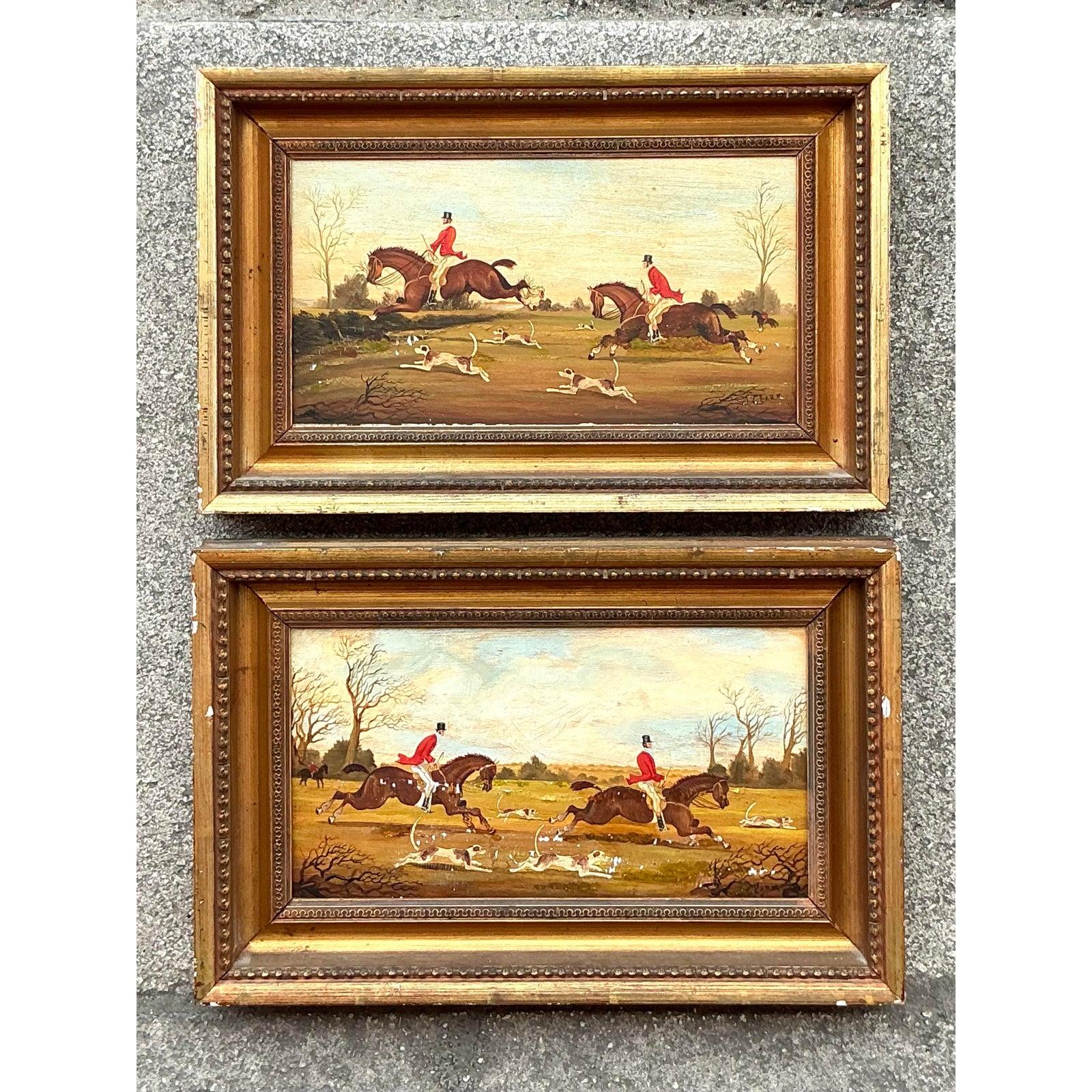 Fangen Sie den Nervenkitzel der Jagd mit diesem dynamischen Paar Original-Ölgemälde im Regency-Stil mit dem Titel 