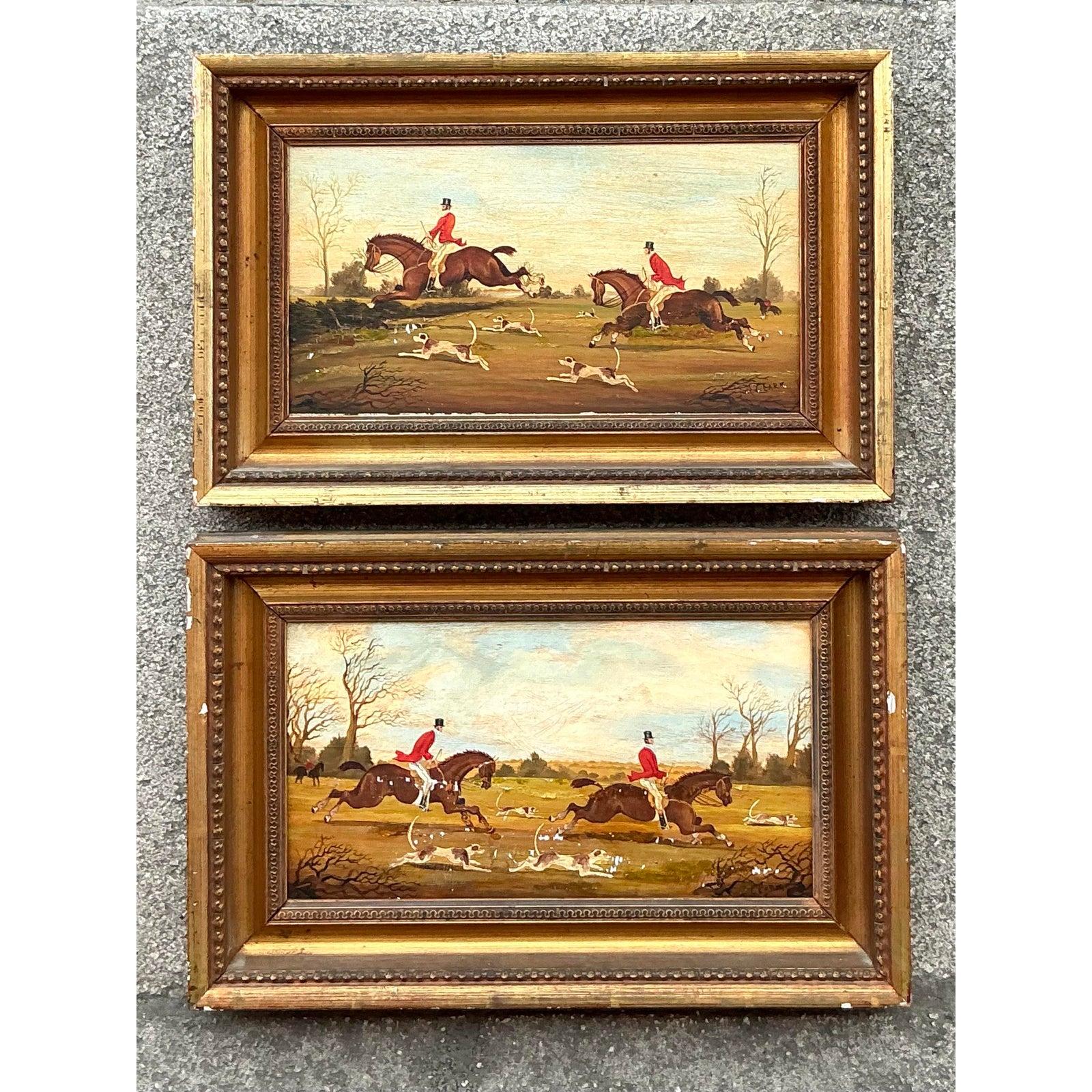 Vintage Regency Original Ölgemälde Zodiac die Jagd - ein Paar (Britisch) im Angebot