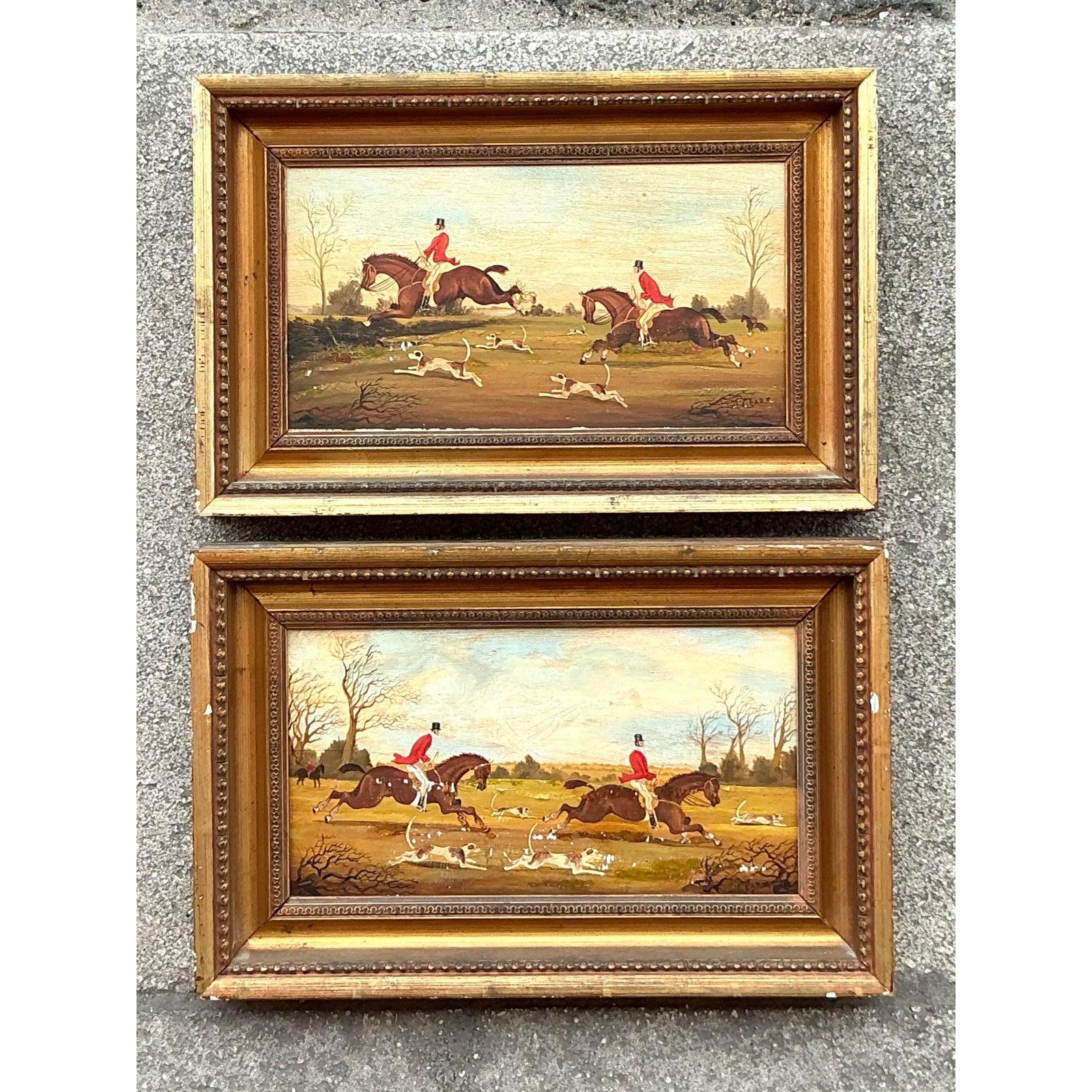 Vintage Regency Original Ölgemälde Zodiac die Jagd - ein Paar im Zustand „Gut“ im Angebot in west palm beach, FL