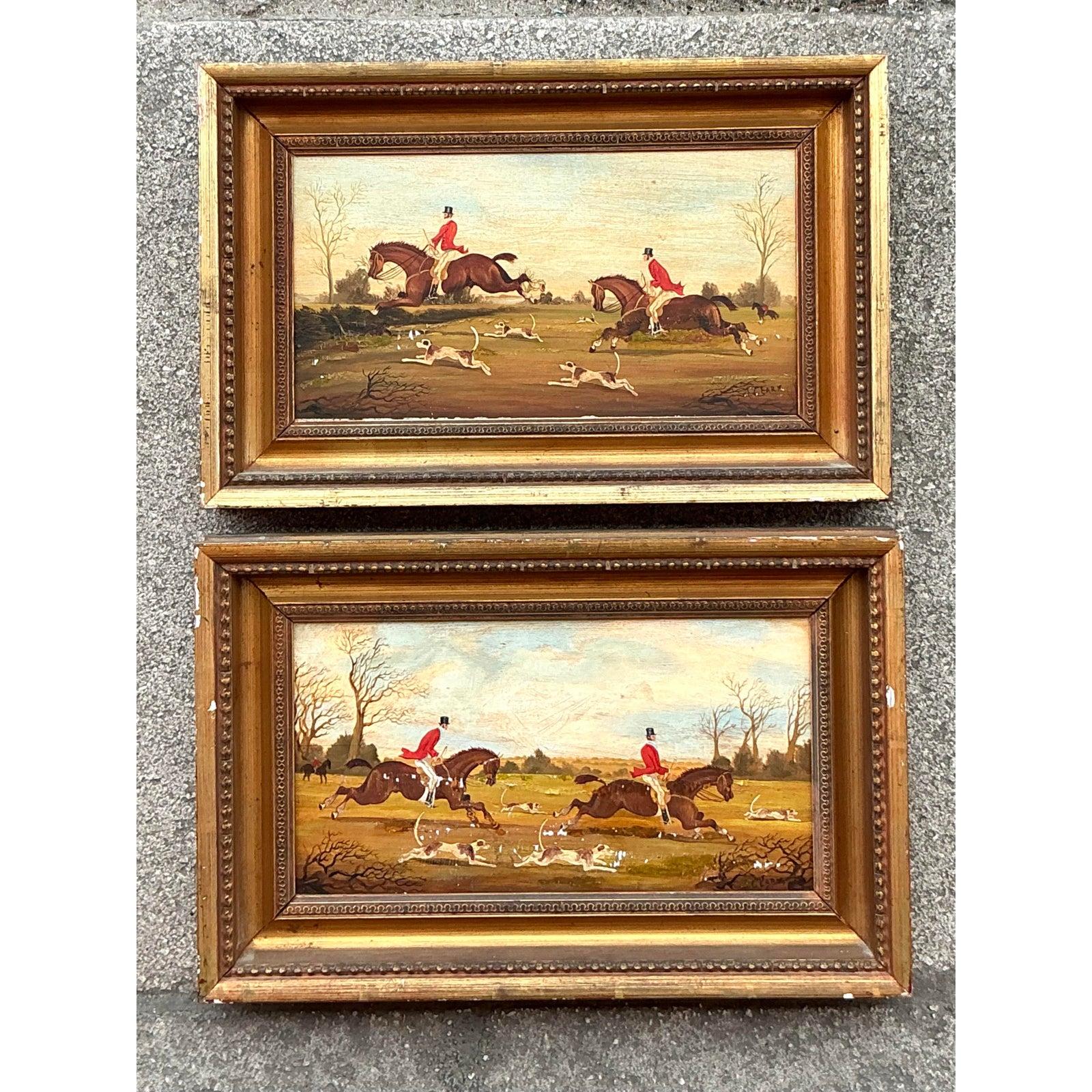 Vintage Regency Original Ölgemälde Zodiac die Jagd - ein Paar im Angebot 1