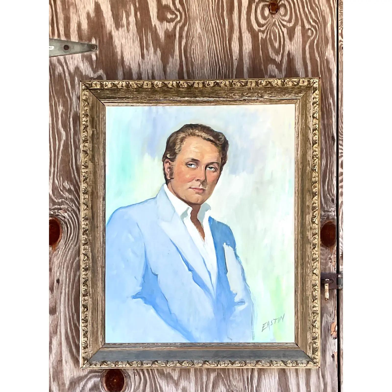 Un fabuleux portrait à l'huile original vintage. Une composition magnifiquement colorée d'un gentleman fringant. Signé par l'artiste. Acquis d'une propriété de Palm Beach.